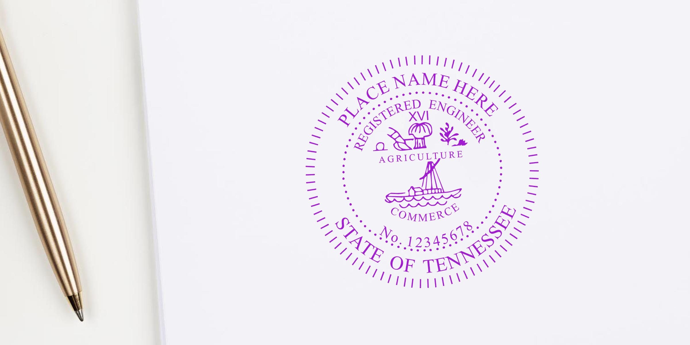 Tennessee PE Seal notary stamp with gold pen on white paper, perfect for official documents and buying PE Seal online.