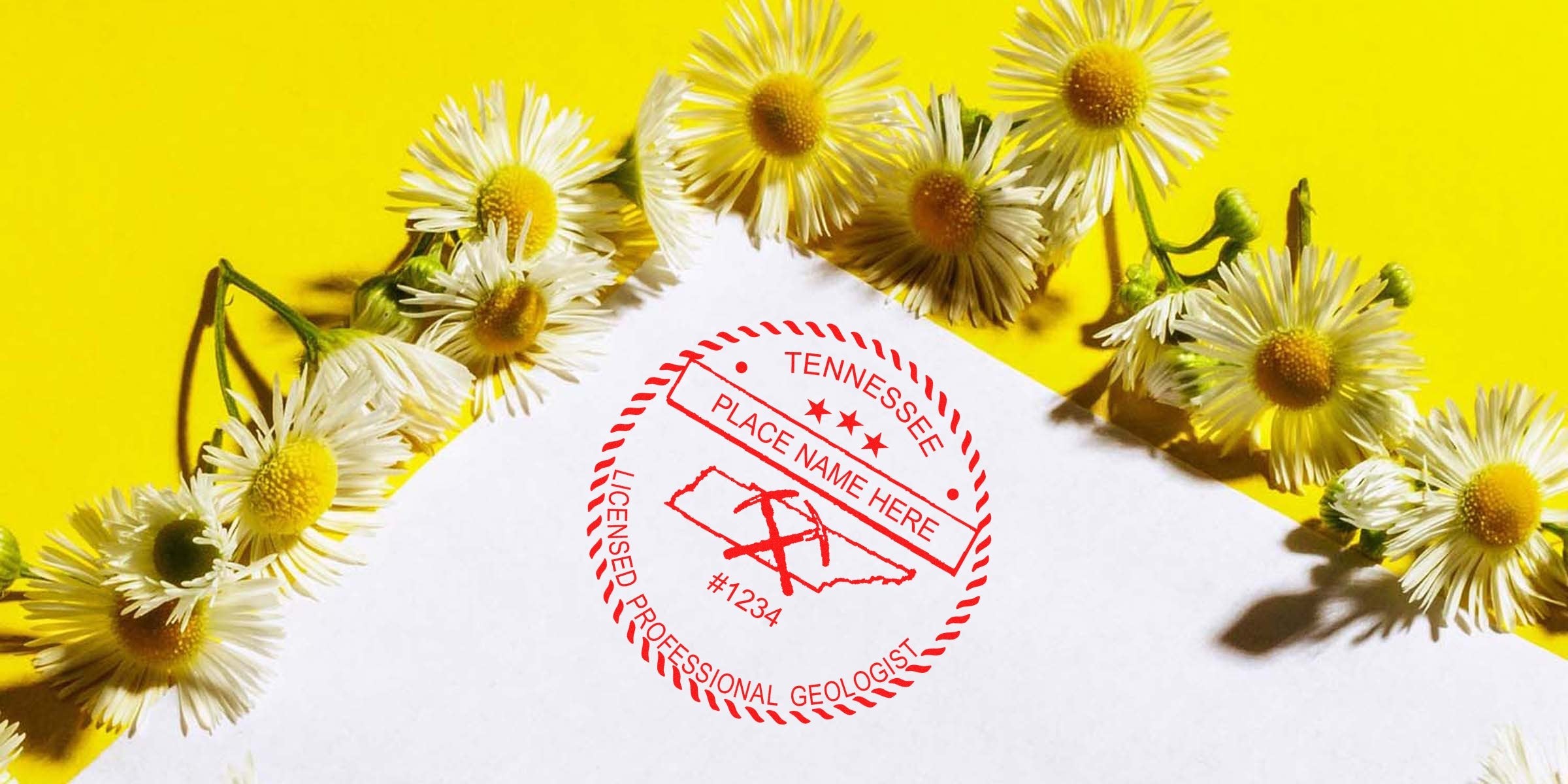 Tennessee licensed geologist stamp with daisies on yellow background, showing steps for Tennessee Geologist Stamp and License Renewal.
