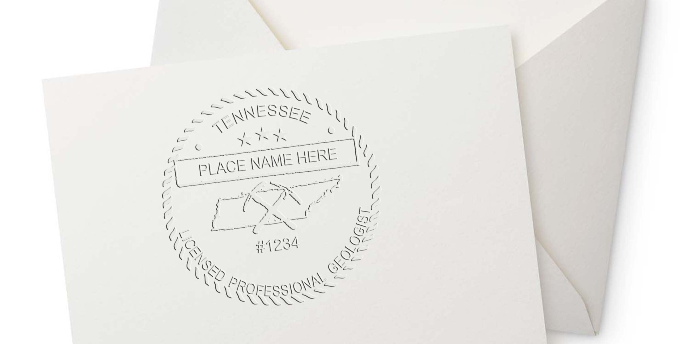 Tennessee Geologist Stamp embossed on white paper with envelope, displaying Geologist Stamp specifications.