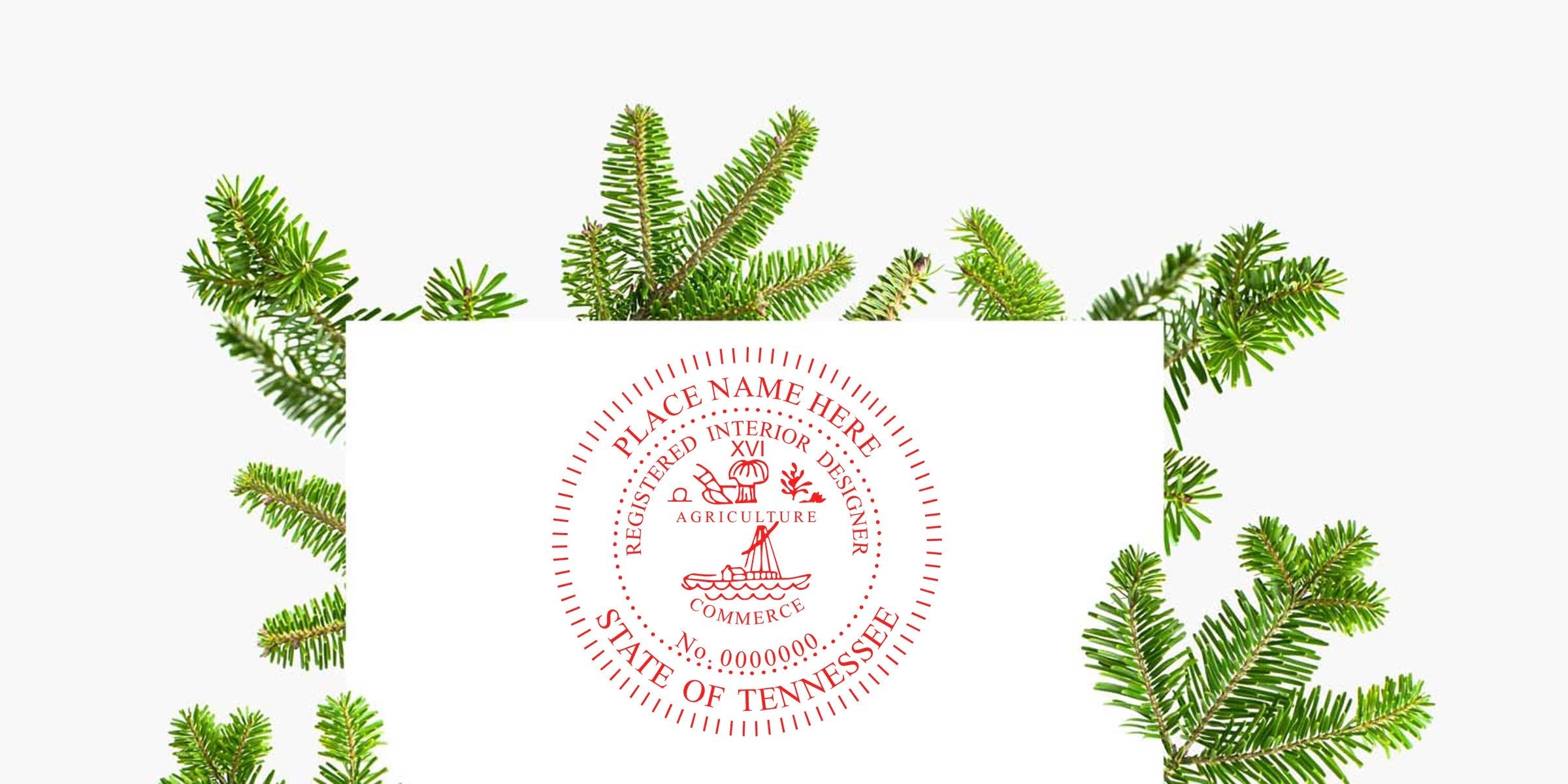 Tennessee notary public seal on green pine branches background, related to Tennessee interior designer stamp cost and interior design stamp fees.