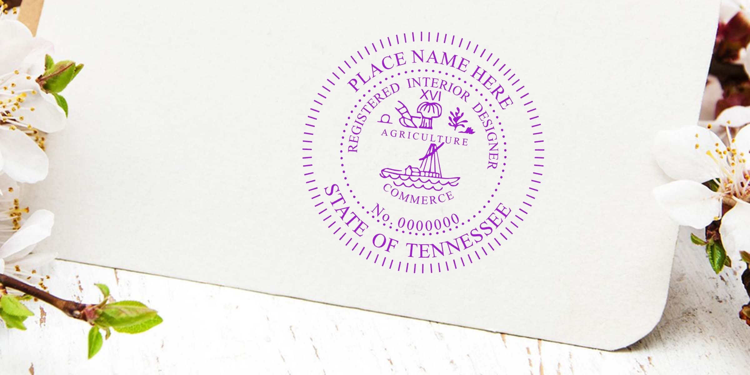 Custom Tennessee interior designer seal on white paper with spring flowers, official TN interior design certification stamp for legal documents.