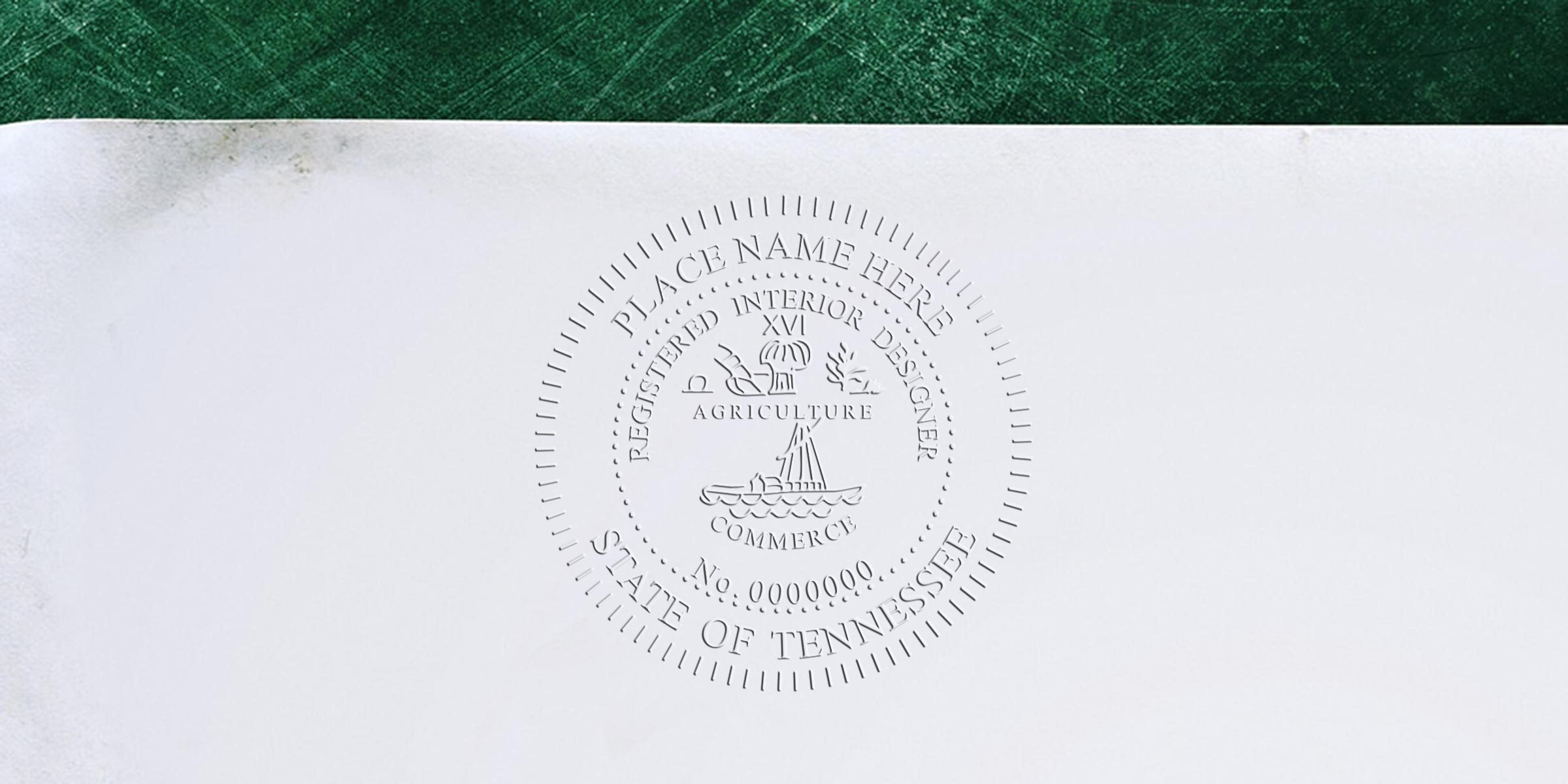 Embossed paper seal with agriculture-commerce design and Tennessee text, used for Tennessee interior design license and interior designer stamp requirements.