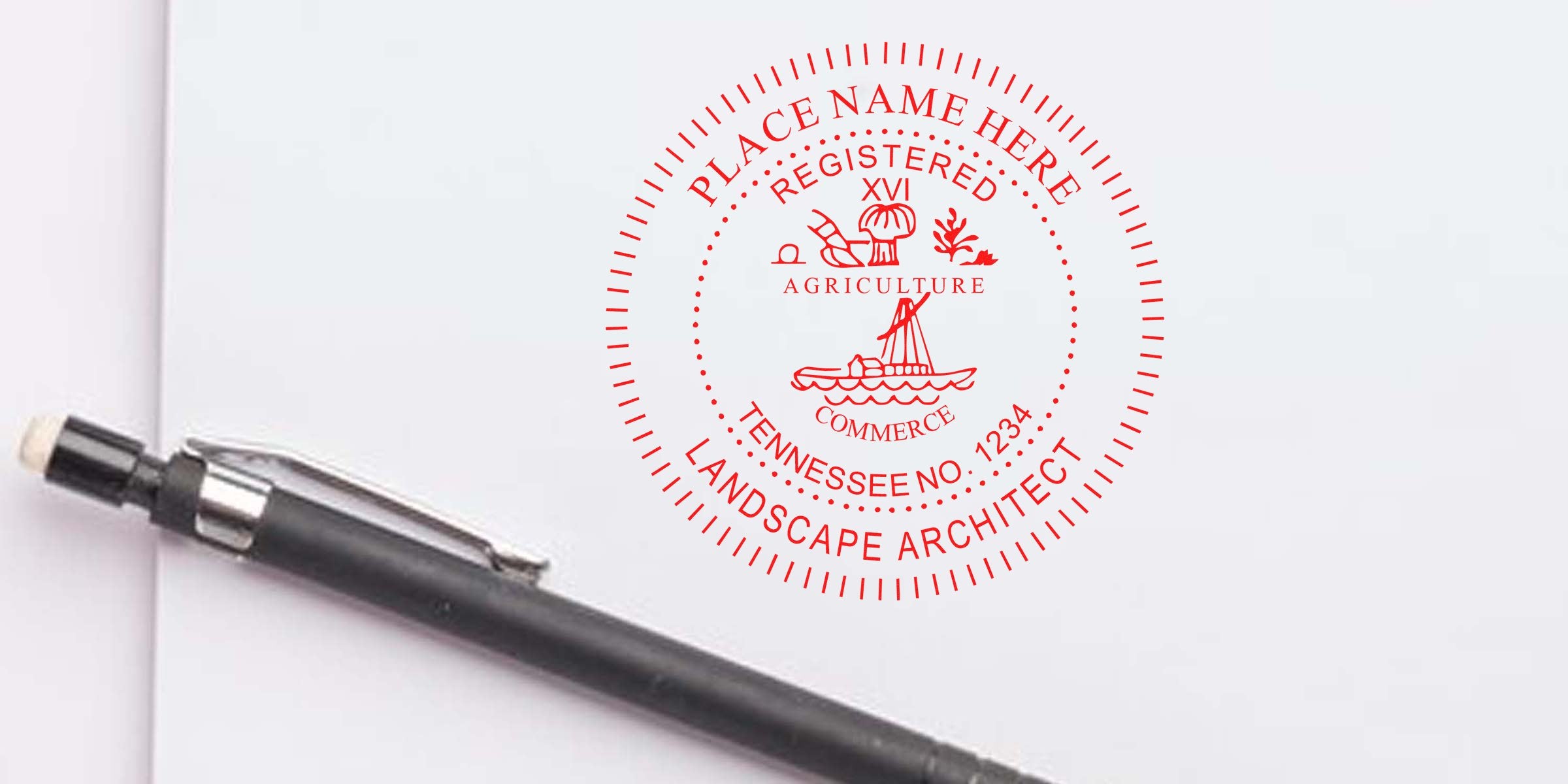 Red Tennessee landscape architect stamp on white paper with black pen, showing registered agriculture and commerce seal samples.
