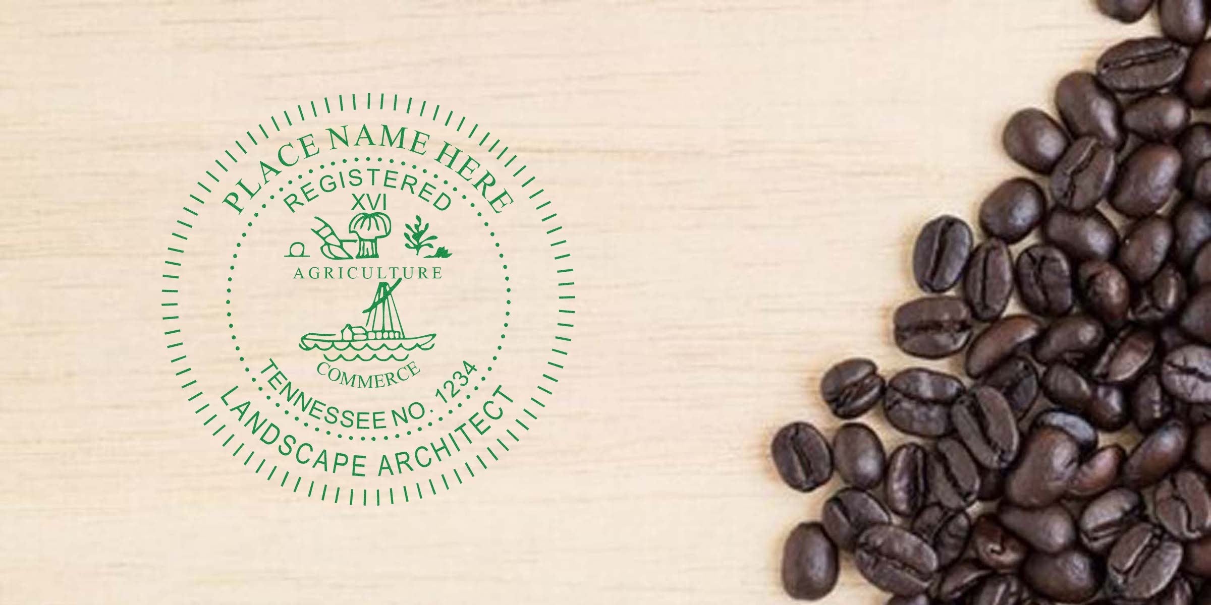 Coffee beans on wooden table with Tennessee landscape architect stamp logo, showcasing Tennessee landscape architect stamp requirements.
