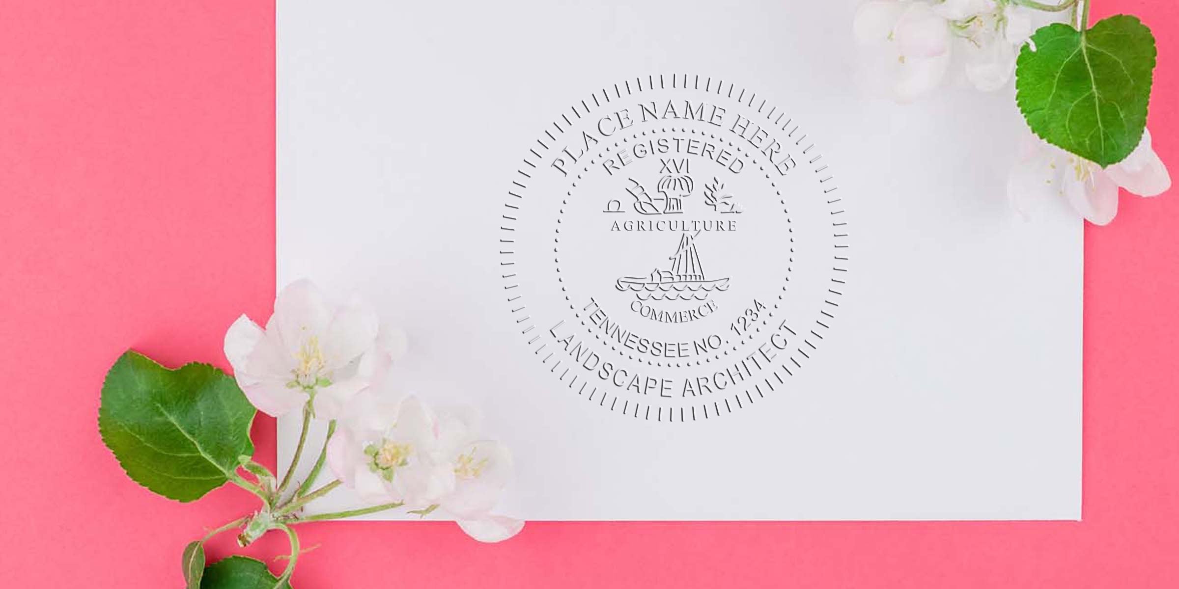 Custom embossed Tennessee landscape architect seal on white envelope with floral design, perfect for professional stationery and compliance templates.