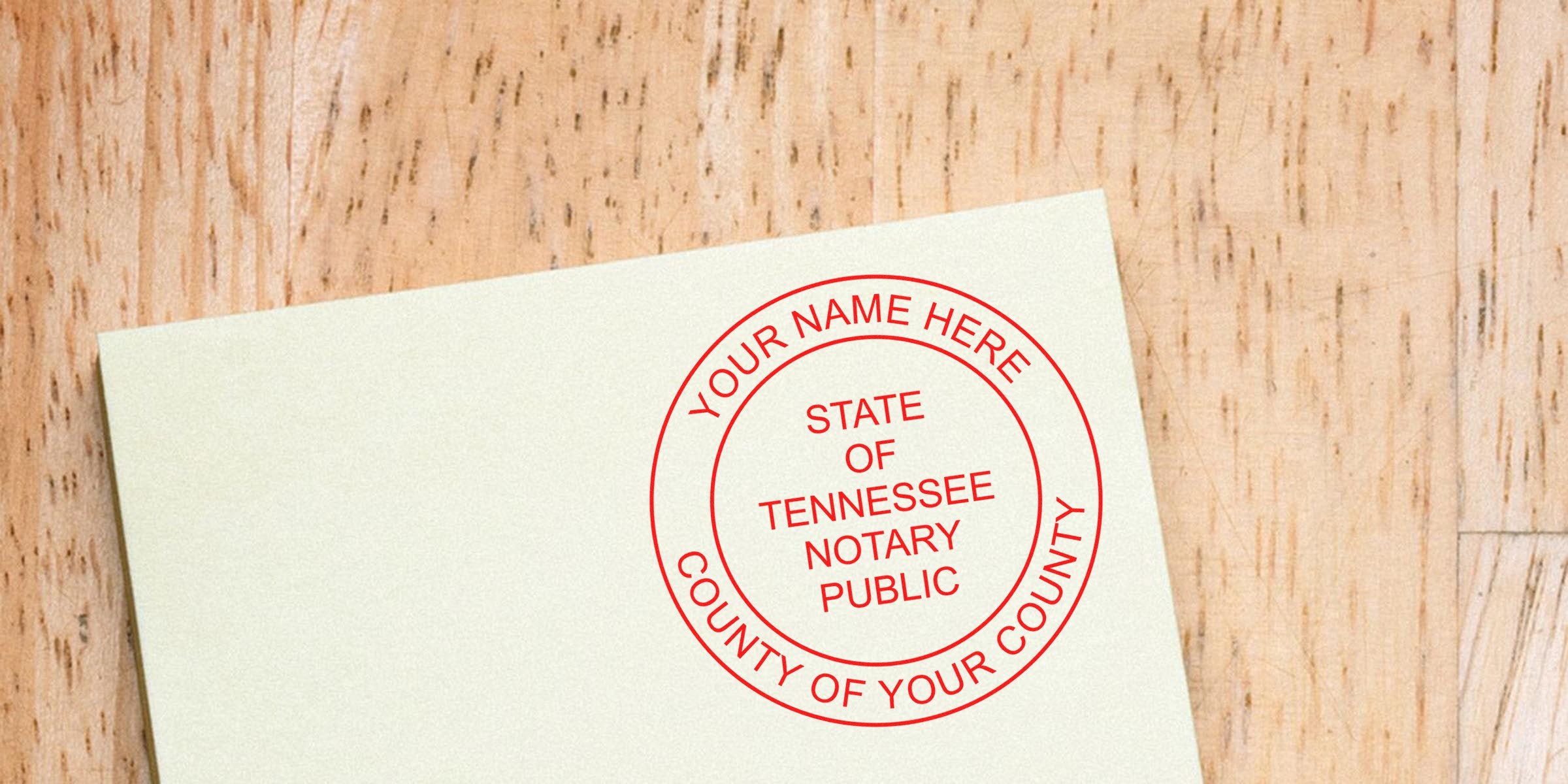 Tennessee notary public stamp on paper with customizable name and county, showing TN notary seal for official documents, plus useful Tennessee notary tips.