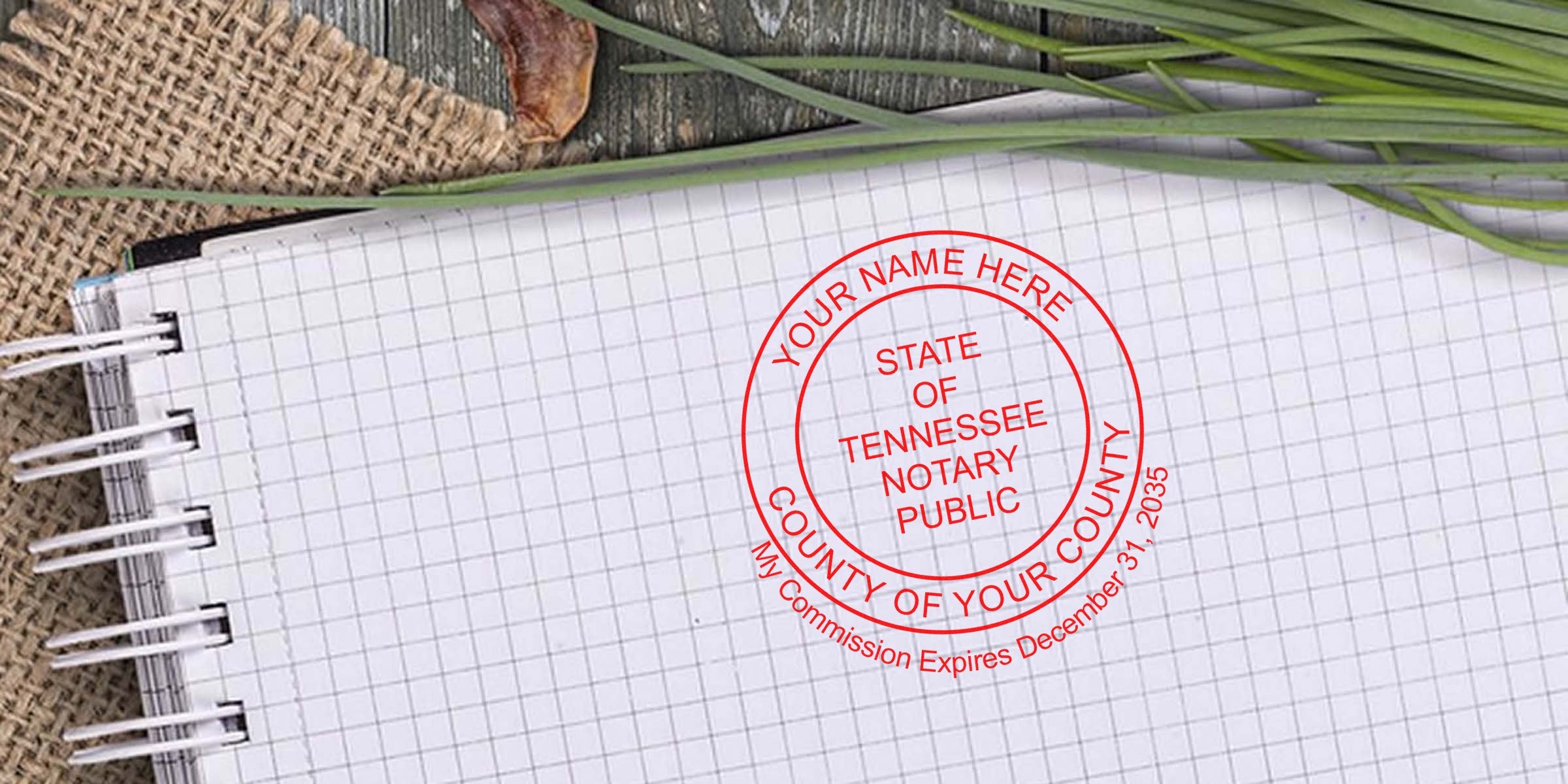 Tennessee notary seal stamped on notebook showing commission expiration date, part of a notary public seal guide.