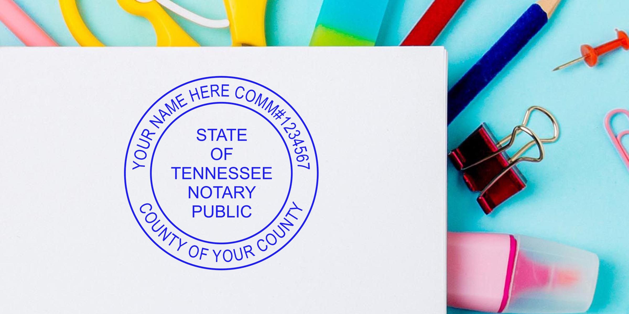 Tennessee notary stamp on white paper with office supplies in the background, symbolizing a Tennessee notary public.