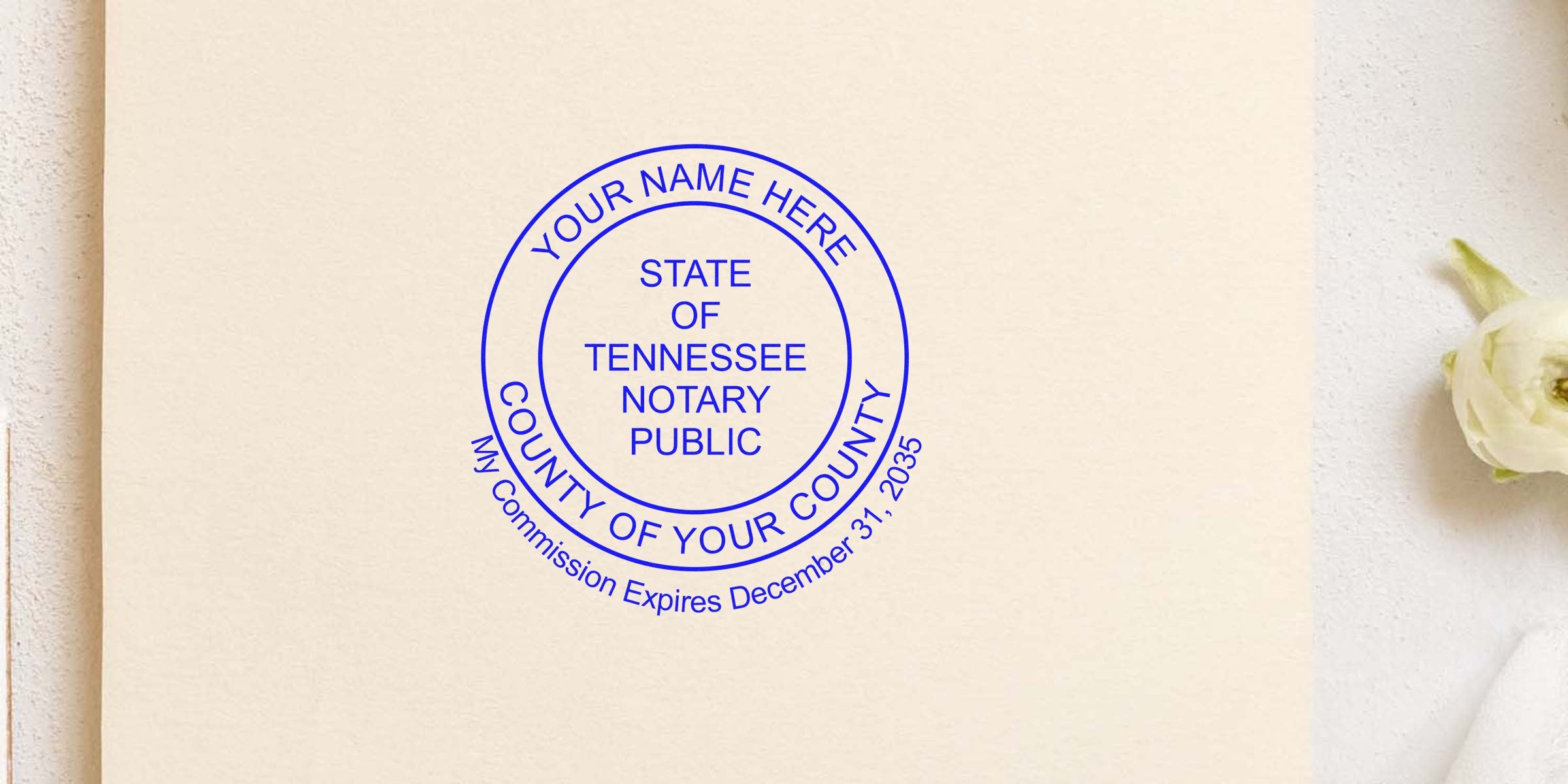 Tennessee notary stamp on paper displays commission expiration date and county info, using a self-inking notary stamp.