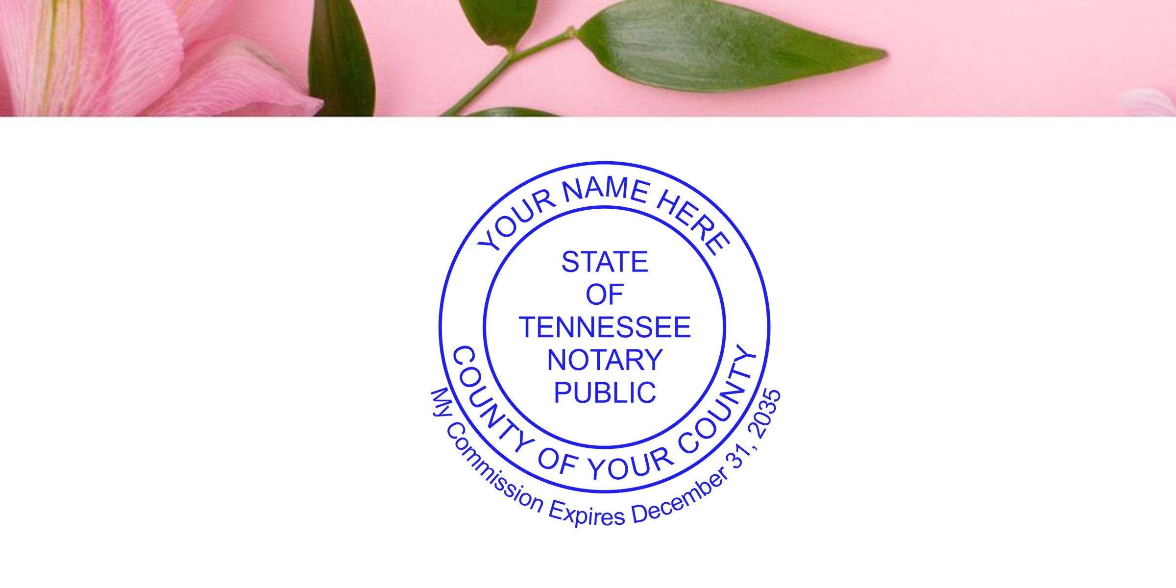 Tennessee notary seal stamp with customizable name and county on a pink floral background, featuring trusted notary supplies.