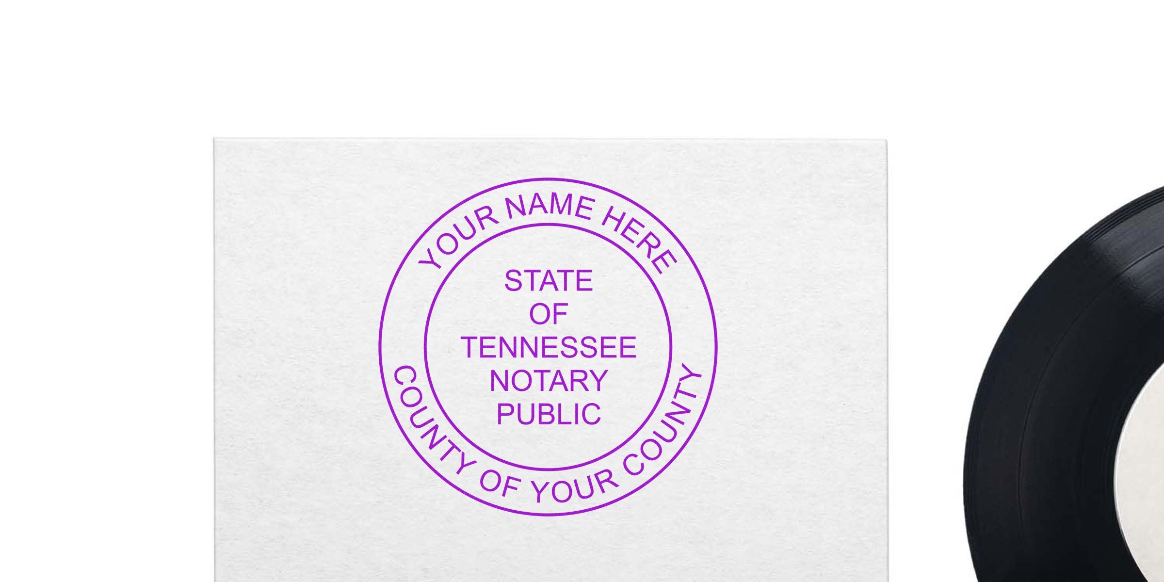 Custom Tennessee notary stamp with purple ink on white paper, featuring official seals for authorized use on documents.