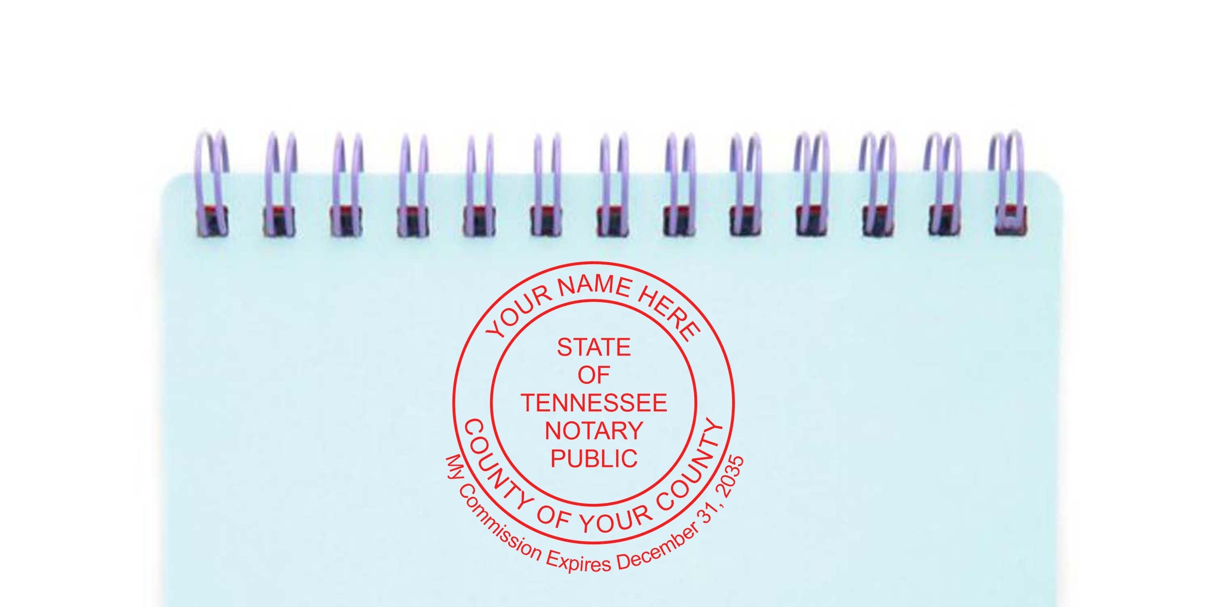 Tennessee notary public stamp on spiral notebook with official seal, county commission expiration, personalized stamp, highlighting Tennessee notary stamp renewal and requirements.