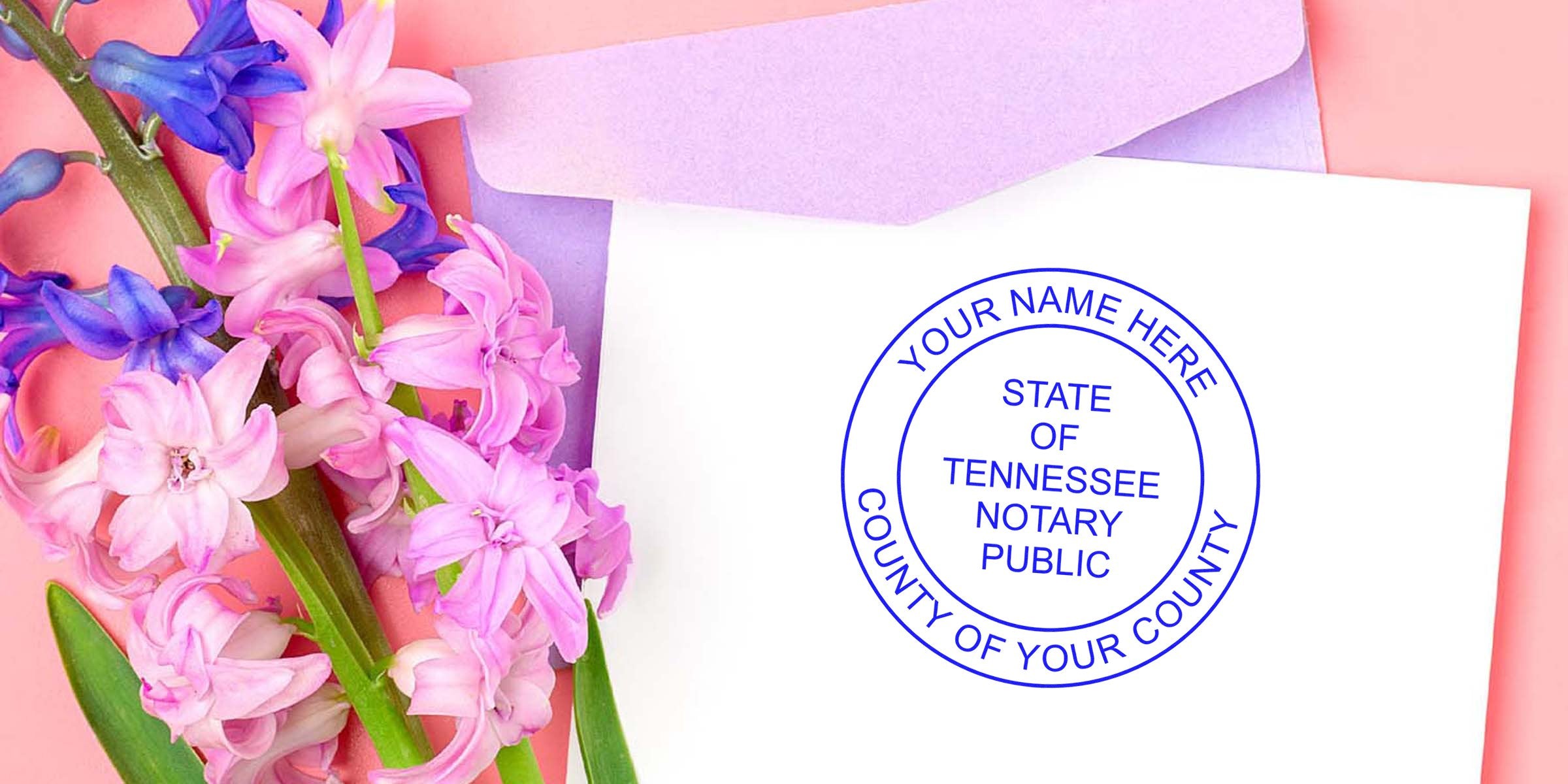 Tennessee notary public stamp on white paper with pink and purple flowers and an envelope, showing Tennessee notary details and how to become a notary in Tennessee.