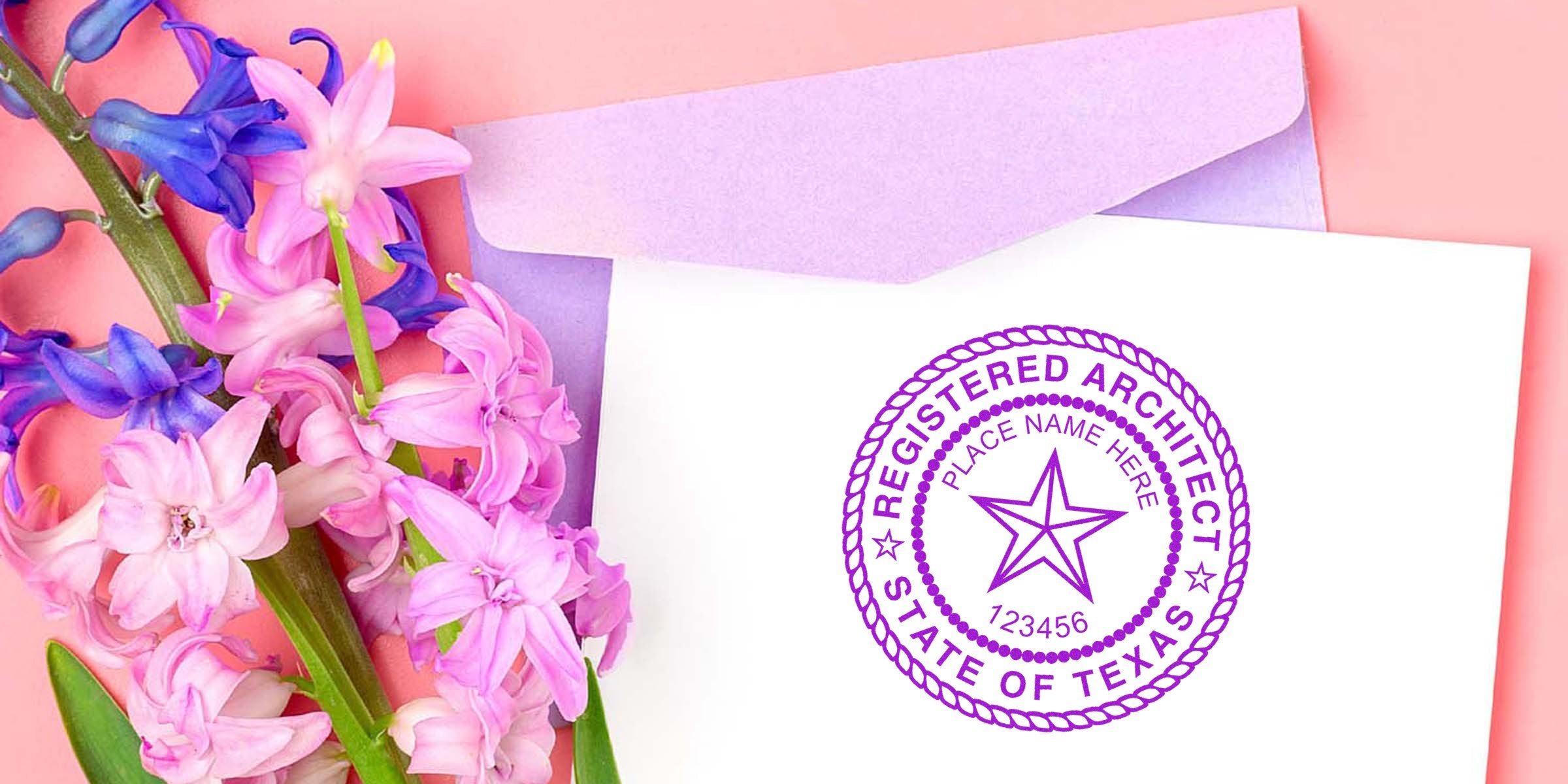 Texas architect stamp on white paper with registered seal, purple envelope, and pink-purple flowers, highlighting common architect stamp order errors.