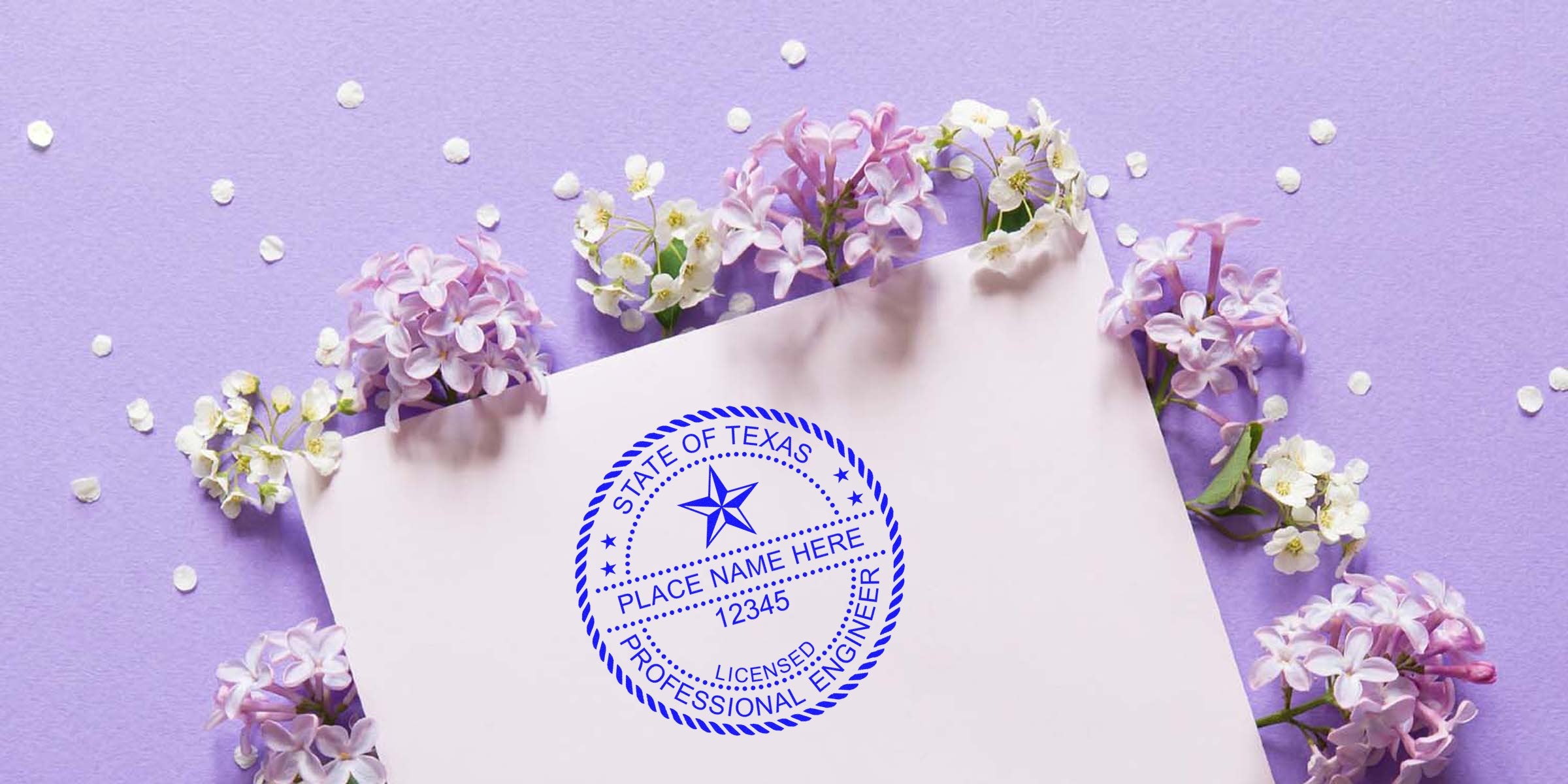 Texas PE stamp on paper with lilac flowers set against a purple background, showcasing the online PE stamp selection.