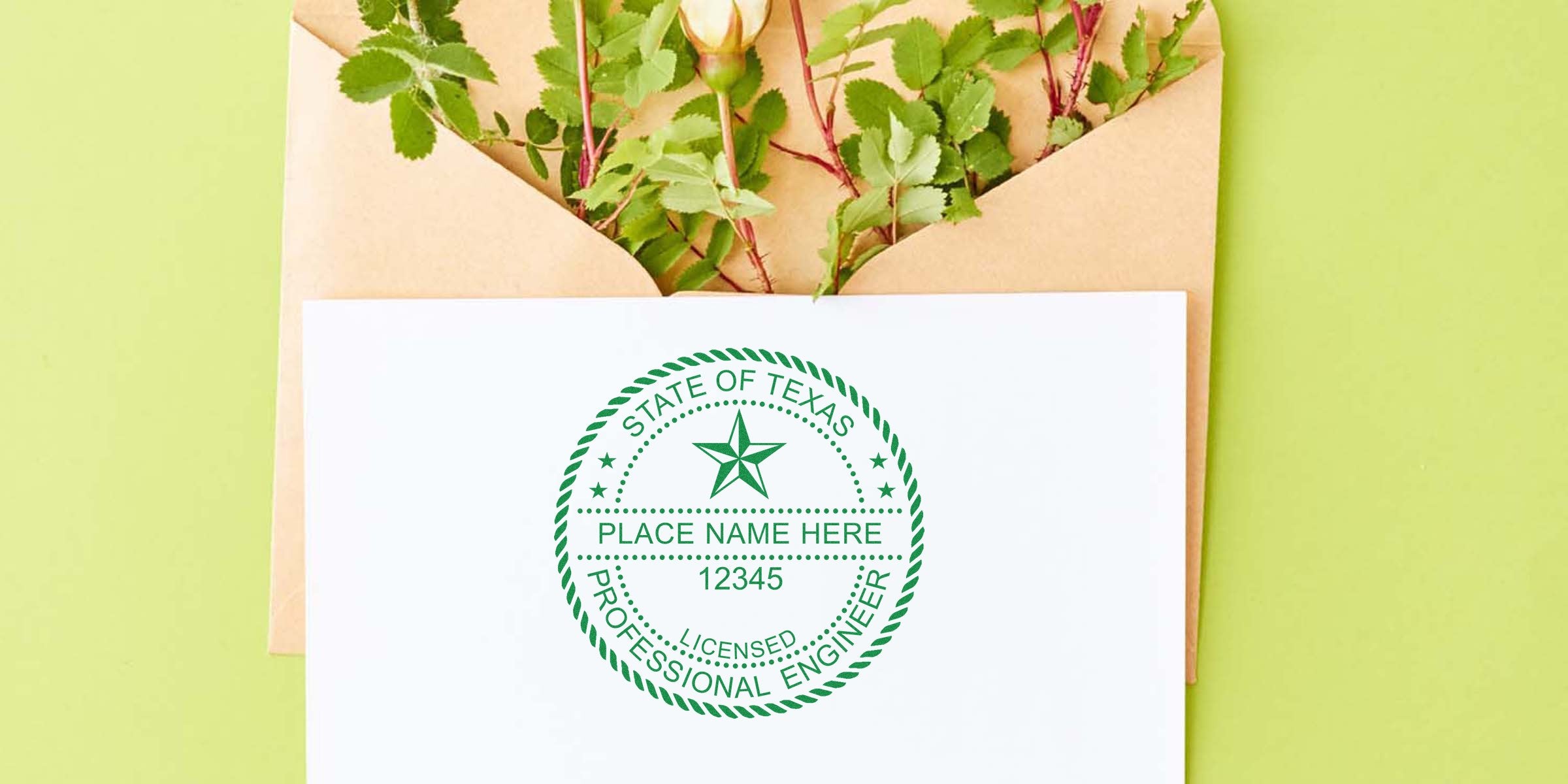 Texas engineering seal on white paper with green leaves inside a kraft envelope, representing Texas engineering seal laws.