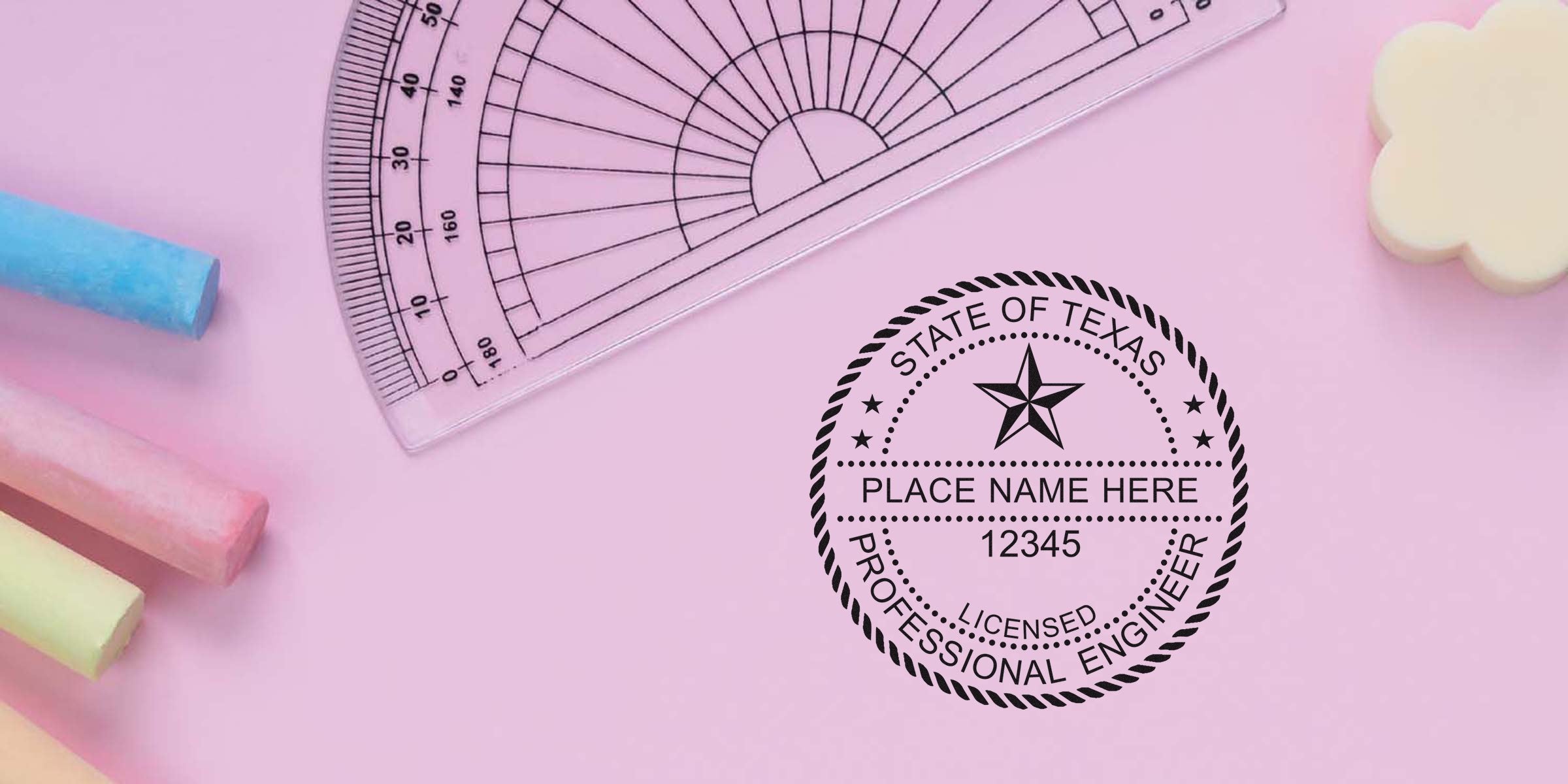 Texas PE stamp with engineer license seal, protractor, and colorful chalk on pink background, showing the PE stamp ordering process.