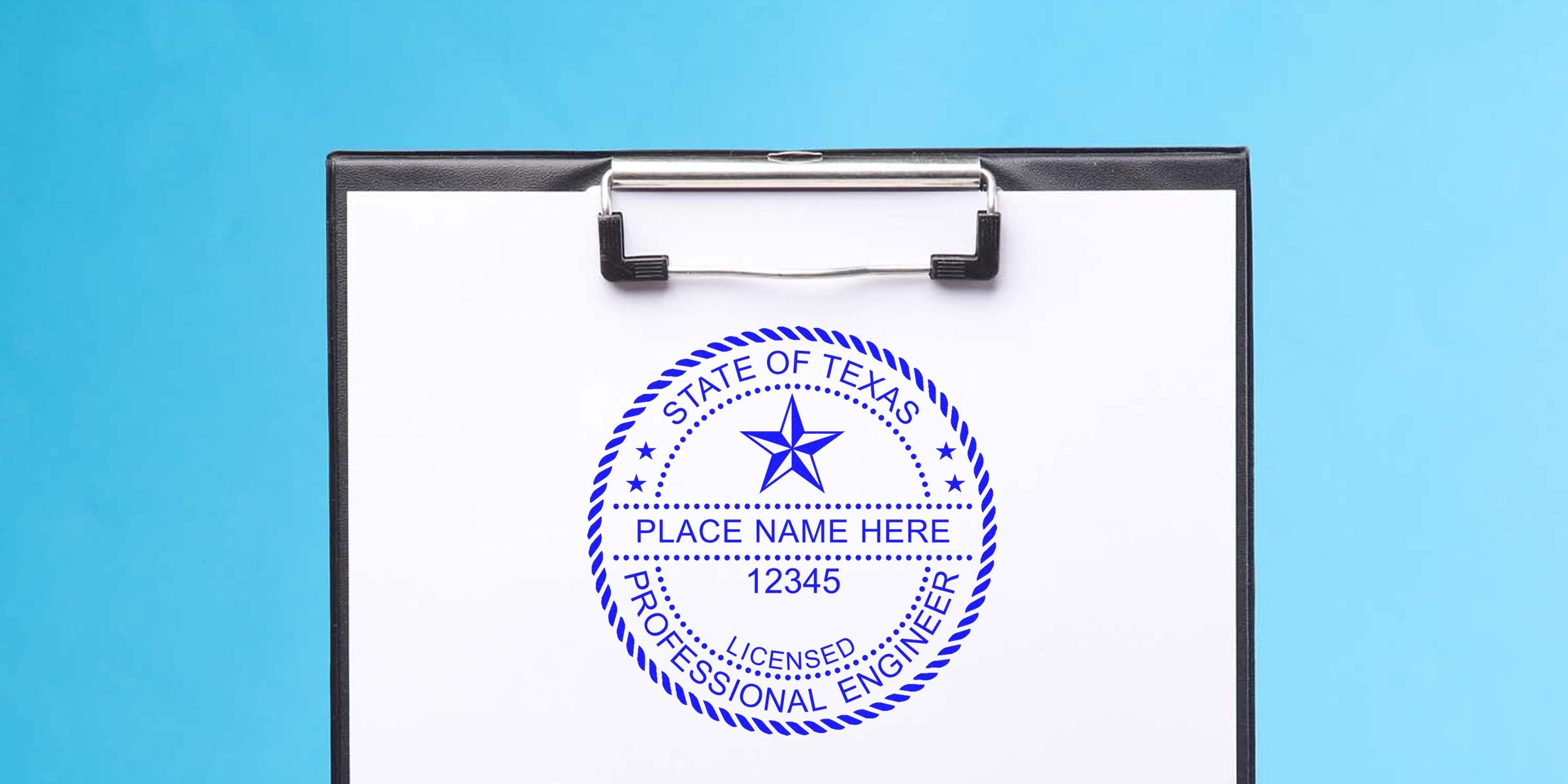 Texas professional engineer license stamp on clipboard for certification verification, displaying Texas Engineer Seal size and meeting Texas Engineer Seal requirements.
