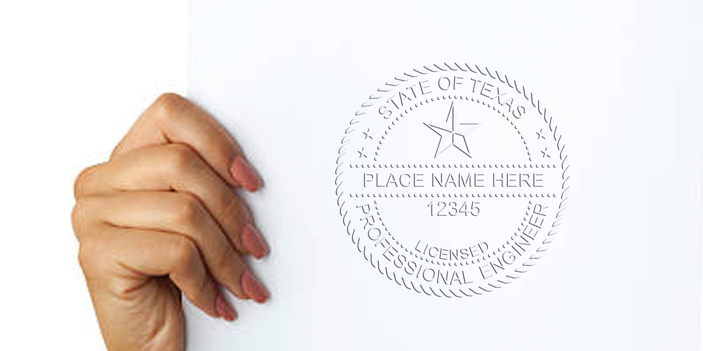 Hand holding paper with embossed Texas engineer seal made using an engineer seal embosser for license verification.