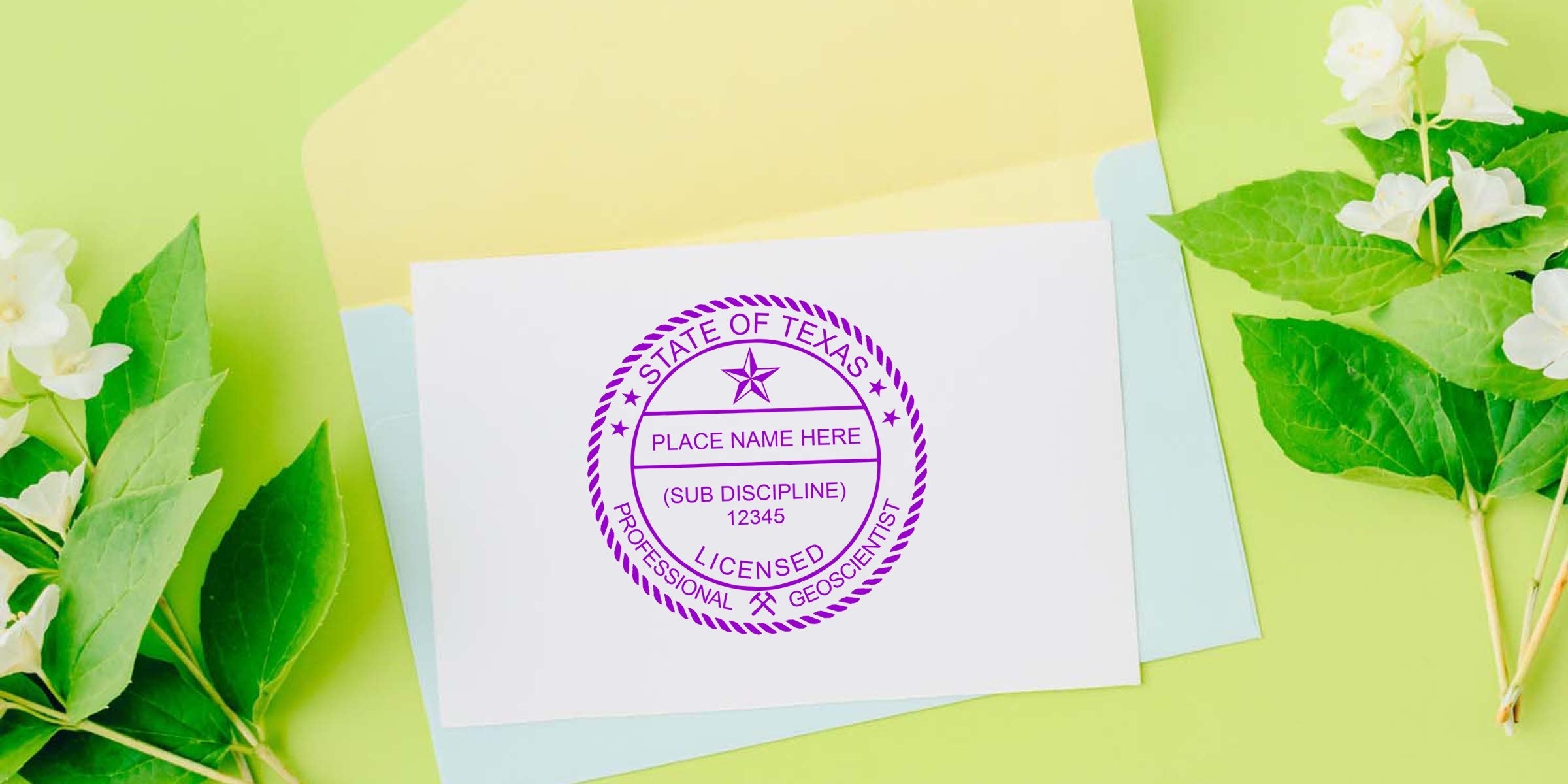 Texas Geologist Stamp on white card with green leaves and flowers, showing stamp specs for Texas licensed professional geoscientist.