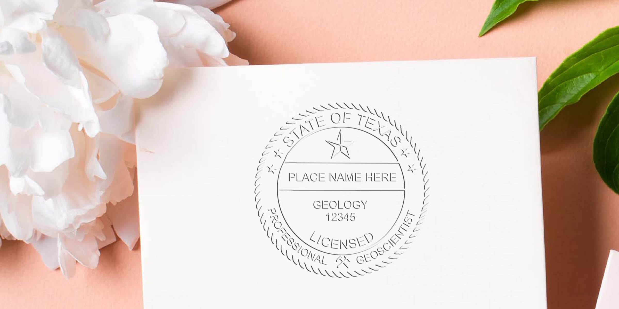 Texas Professional Geologist Seal embossed on white paper with a floral background, displaying the Geologist Seal Rules of Texas.