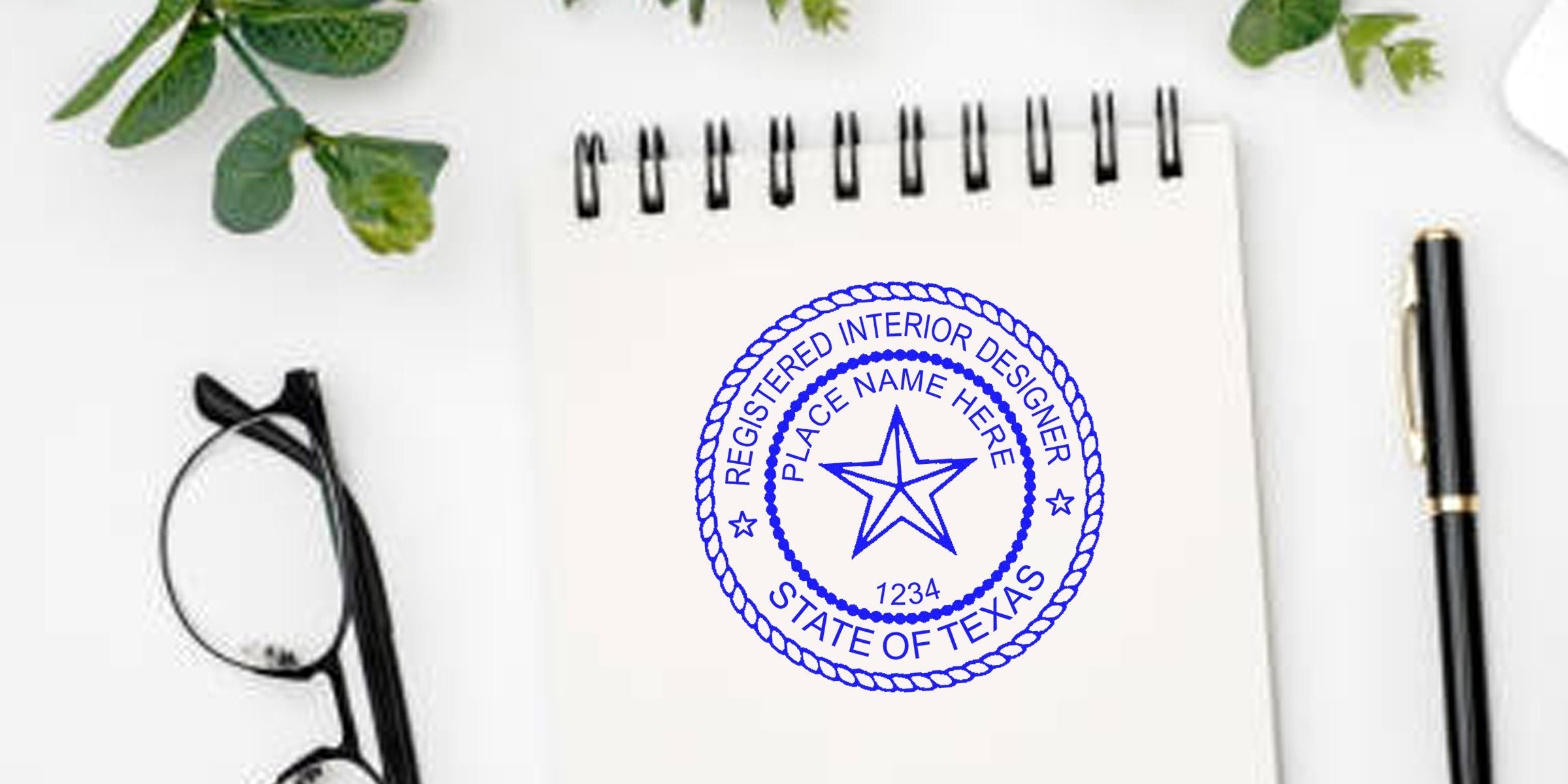 Registered interior designer seal Texas on notebook with glasses and pen, highlighting Texas interior designer stamp cost and fees.