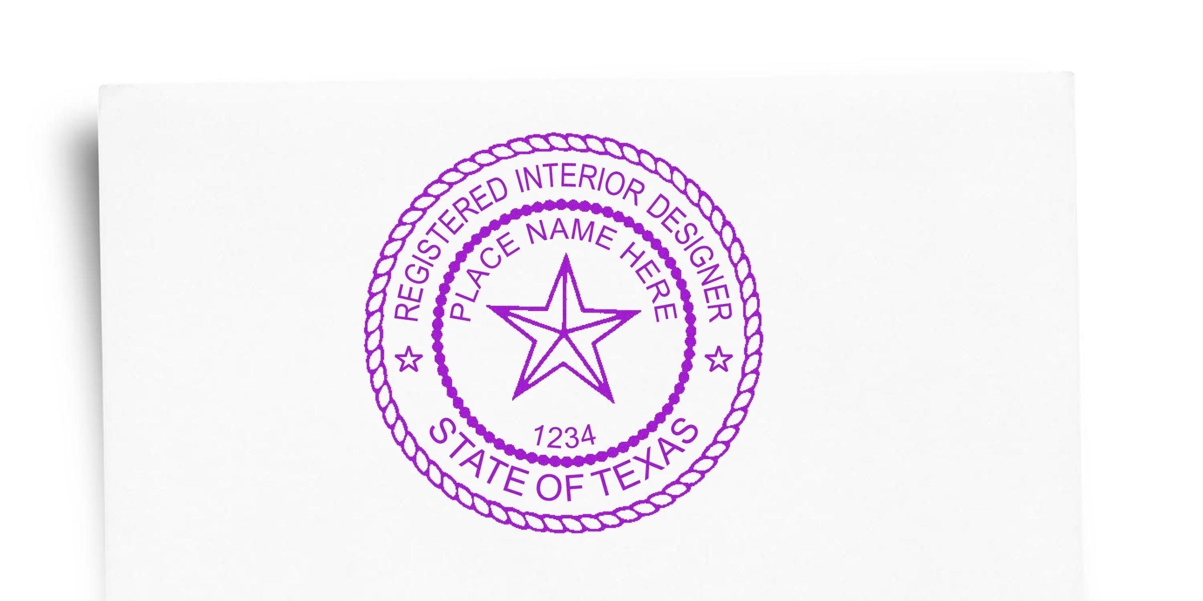 Purple Texas interior designer stamp with registered seal on white background, showing stamp size specs for Texas.