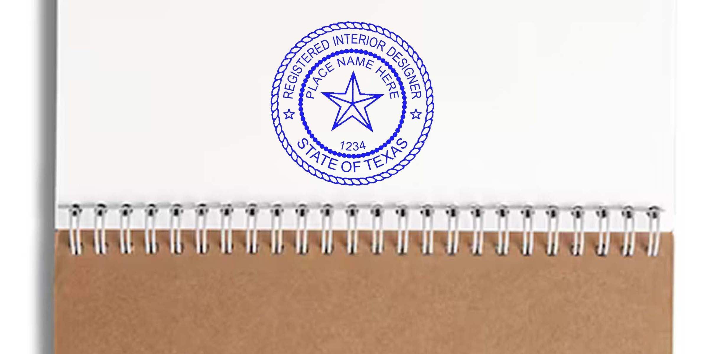 Texas Interior Designer Stamp on spiral notebook for Interior Designer Stamp Application and certification.