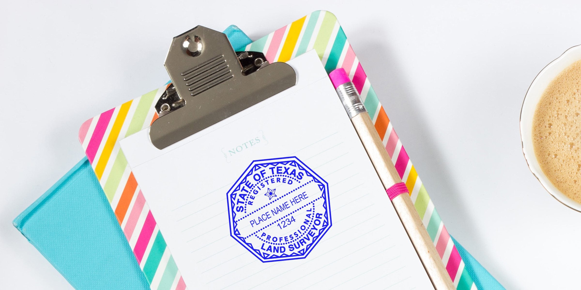 Texas Land Surveyor Seal stamped on clipboard with pencil and coffee cup, showing Land Surveyor Embosser Guide.