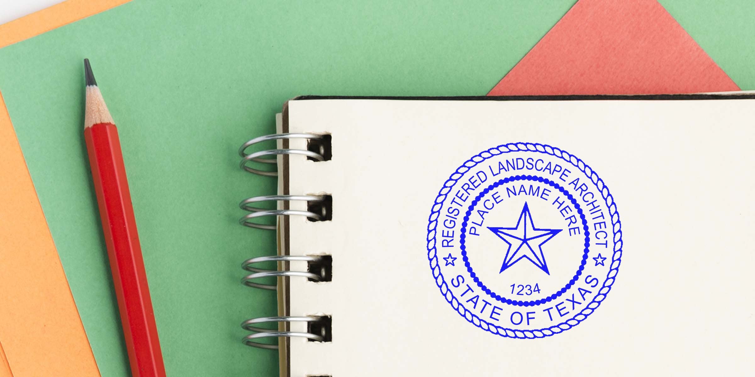 Registered landscape architect stamp on notebook with pencil, highlighting Texas landscape architect regulations and seal rules on a colorful background.