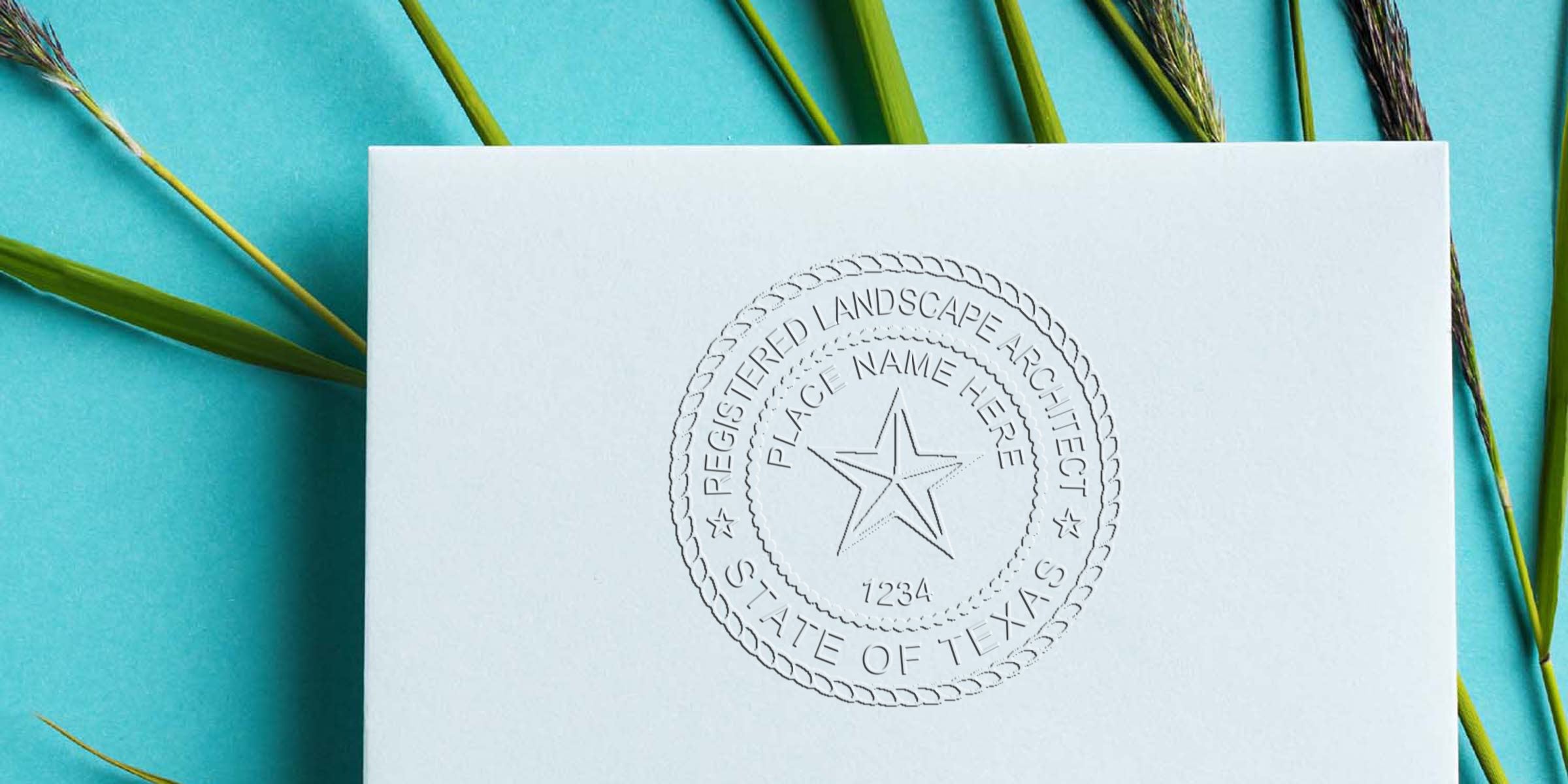 Texas landscape architect embossed seal on white paper with green grass, blue background, meeting Texas stamp requirements.