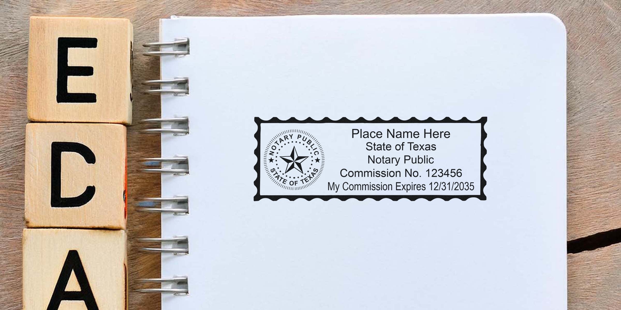 Texas notary seal stamped on white notebook beside wooden blocks spelling ECA. Buy Texas notary seal now.