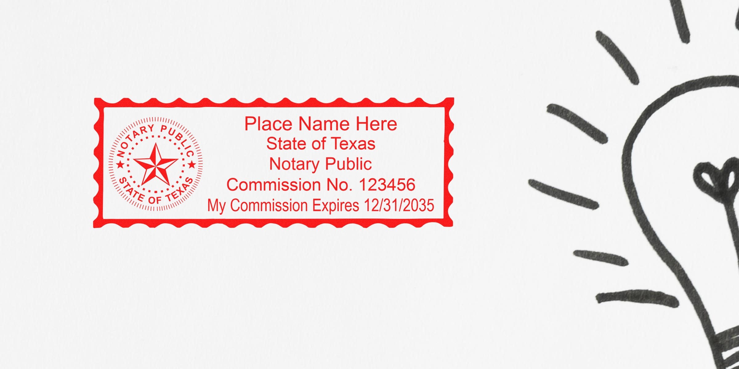 Texas notary public stamp with expiration date and light bulb icon on white background, showcasing Texas notary supplies and essential new notary tools.