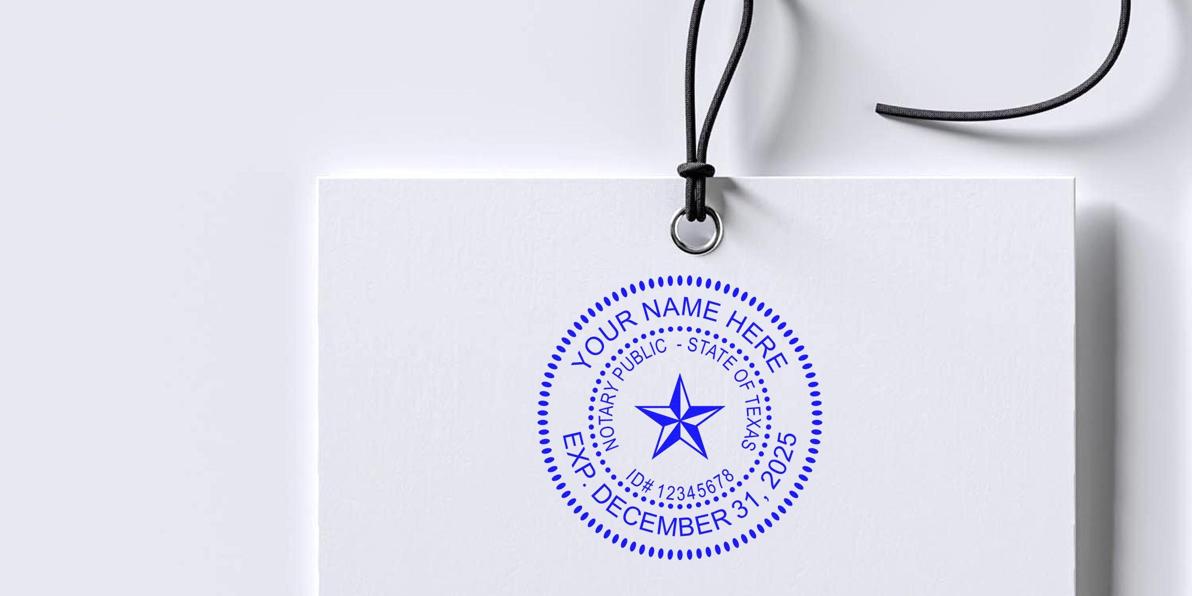 Texas notary stamp in blue ink on white paper, official seal for legal documents, customizable name and expiration date, Texas notary certification, steps to become a notary.