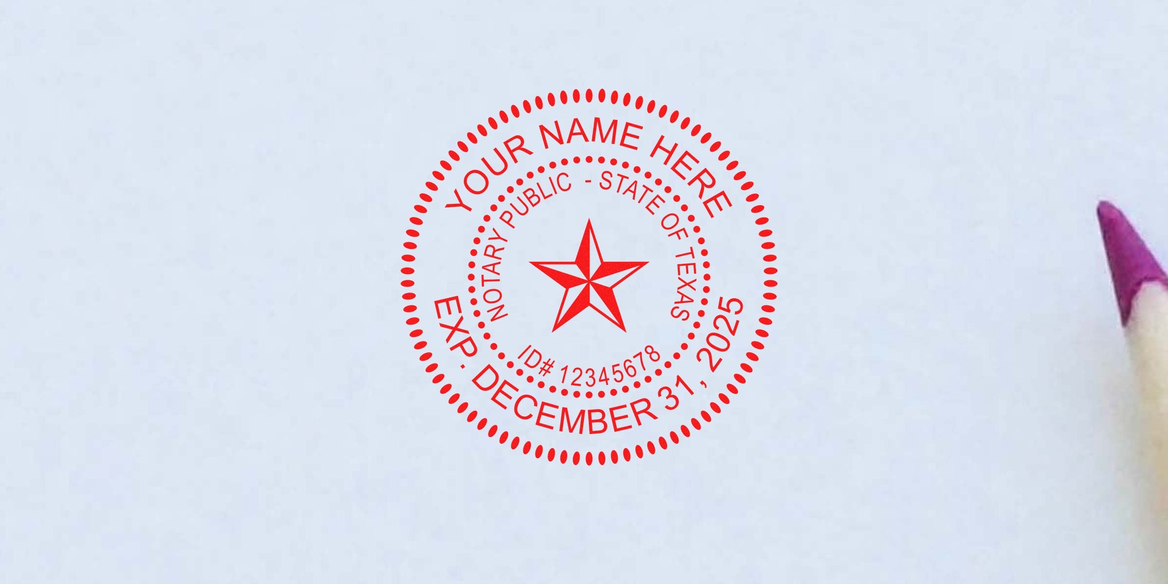 Texas notary public stamp in red ink with expiration date on white paper, next to a purple pencil tip, showcasing essential Texas notary kits and top notary supplies in Texas.
