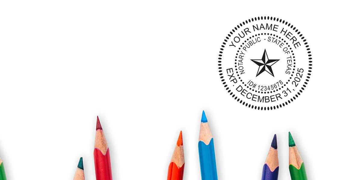 Texas Notary Seal with colorful pencils on a white background, symbolizing notary public certification and requirements.