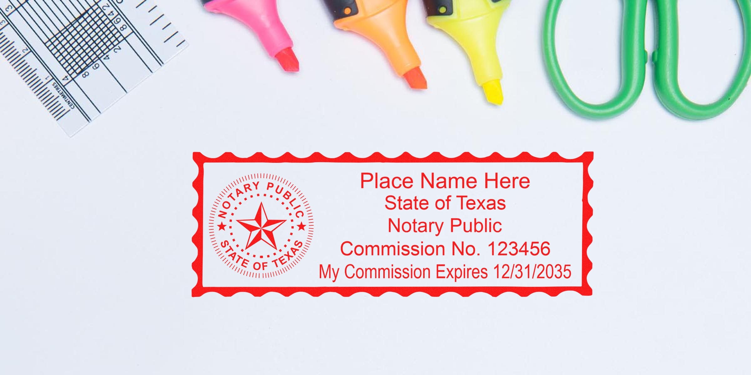 Texas notary public stamp with commission number and expiration date on white background, surrounded by notary supplies and tools.