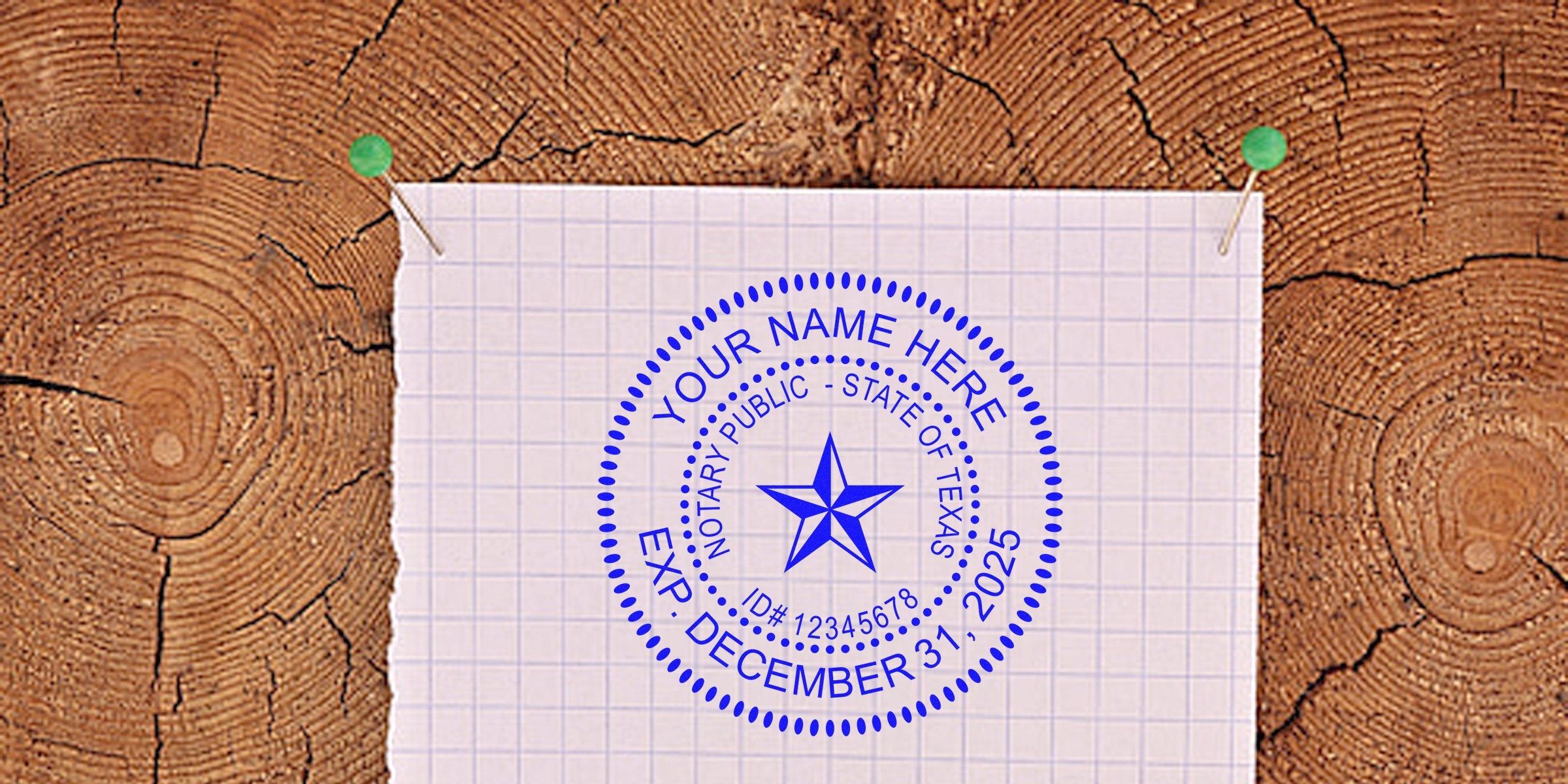 Texas notary seal stamped on paper pinned to wood with green thumbtacks, highlighting the top notary seal in Texas.