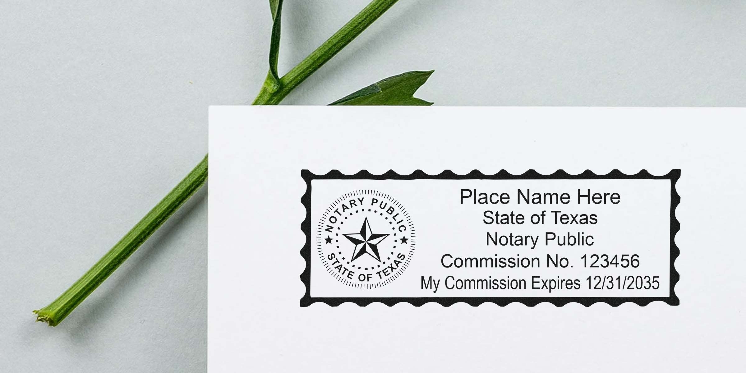 Texas notary seal on white paper displaying commission number and expiration date, featured in a notary seal buying guide.