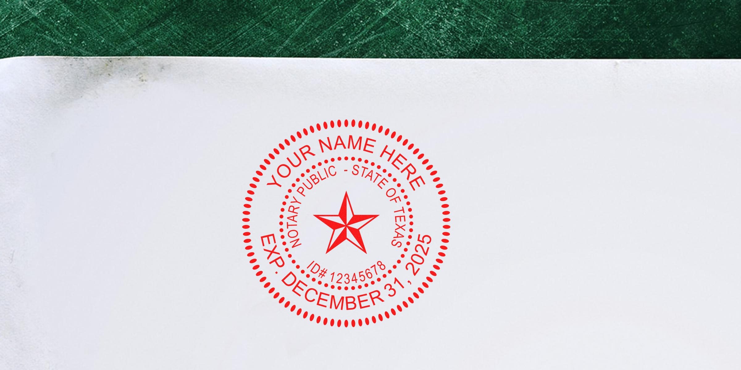 Texas notary public seal stamp on white paper with expiration date December 31, 2025, meeting Texas notary seal requirements per the Texas notary guide.