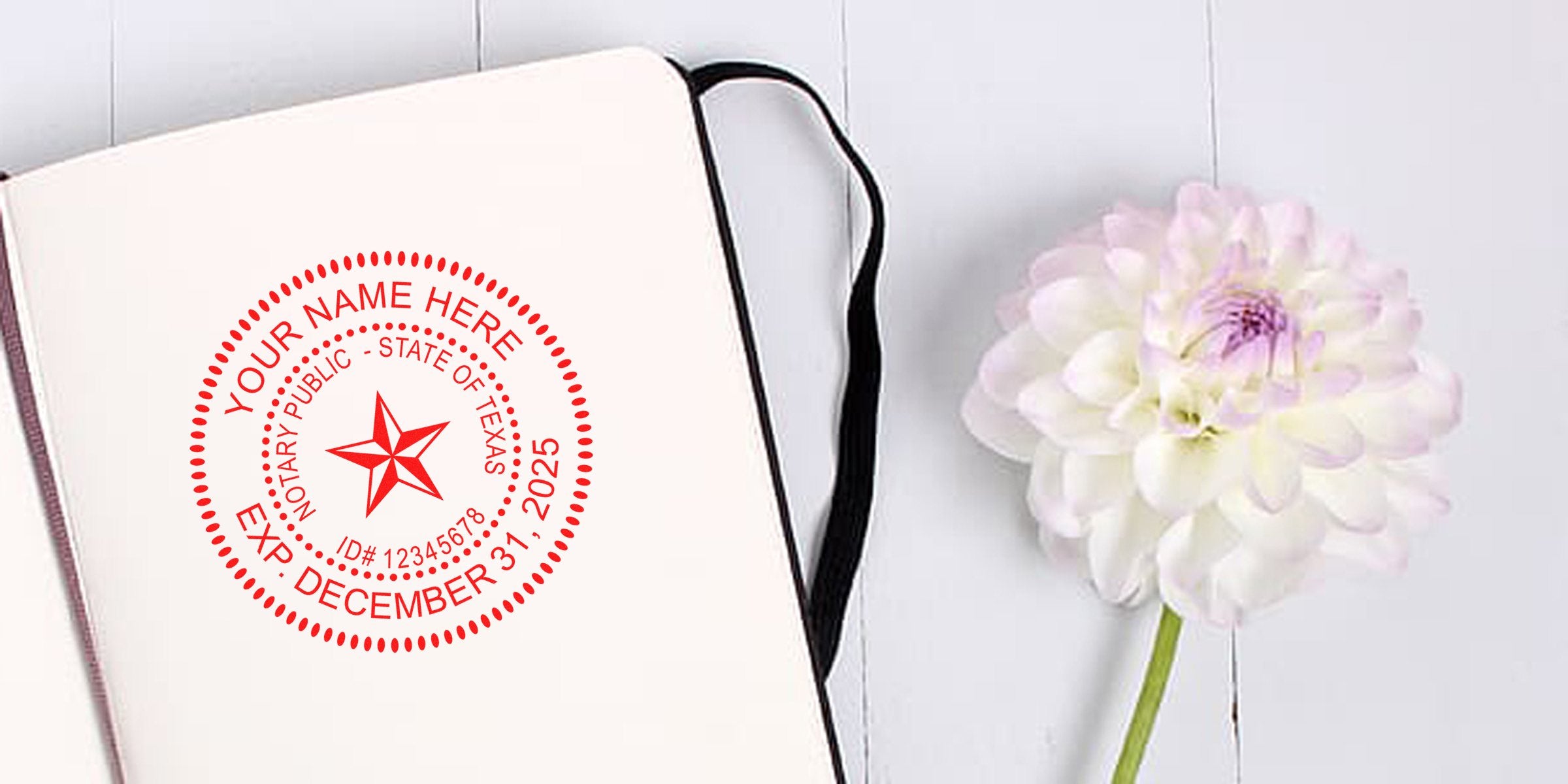 Custom Texas notary seal stamp on notebook with white flower on wooden table, highlighting key notary stamp tips.