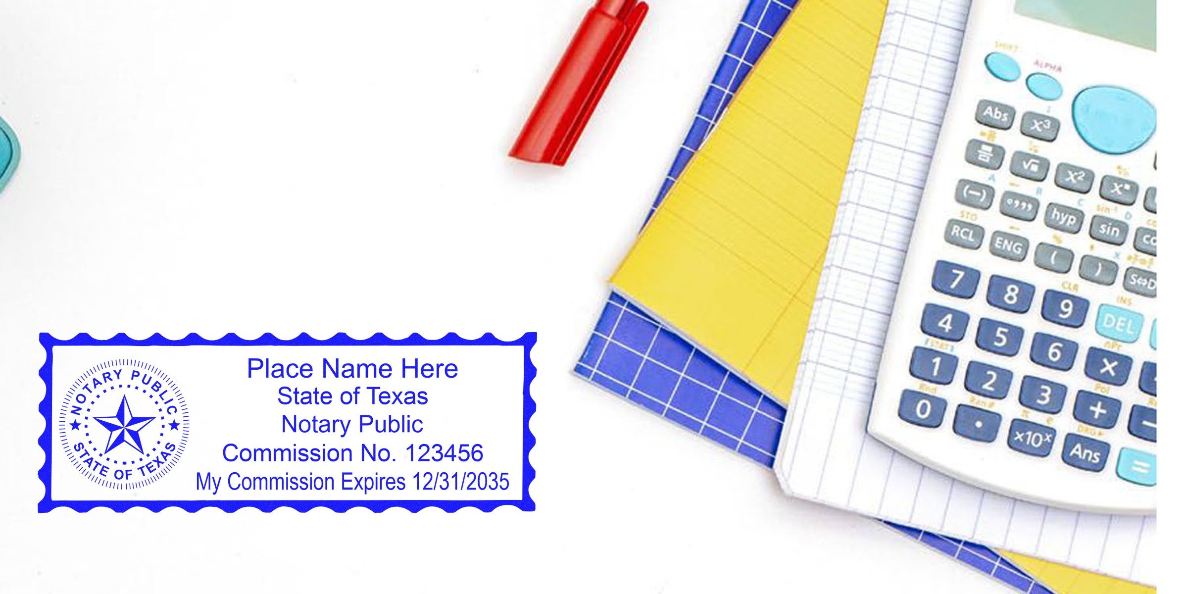 Texas Notary Public stamp with commission number and expiration date next to calculator and notebooks, showcasing Notary Stamps Texas.