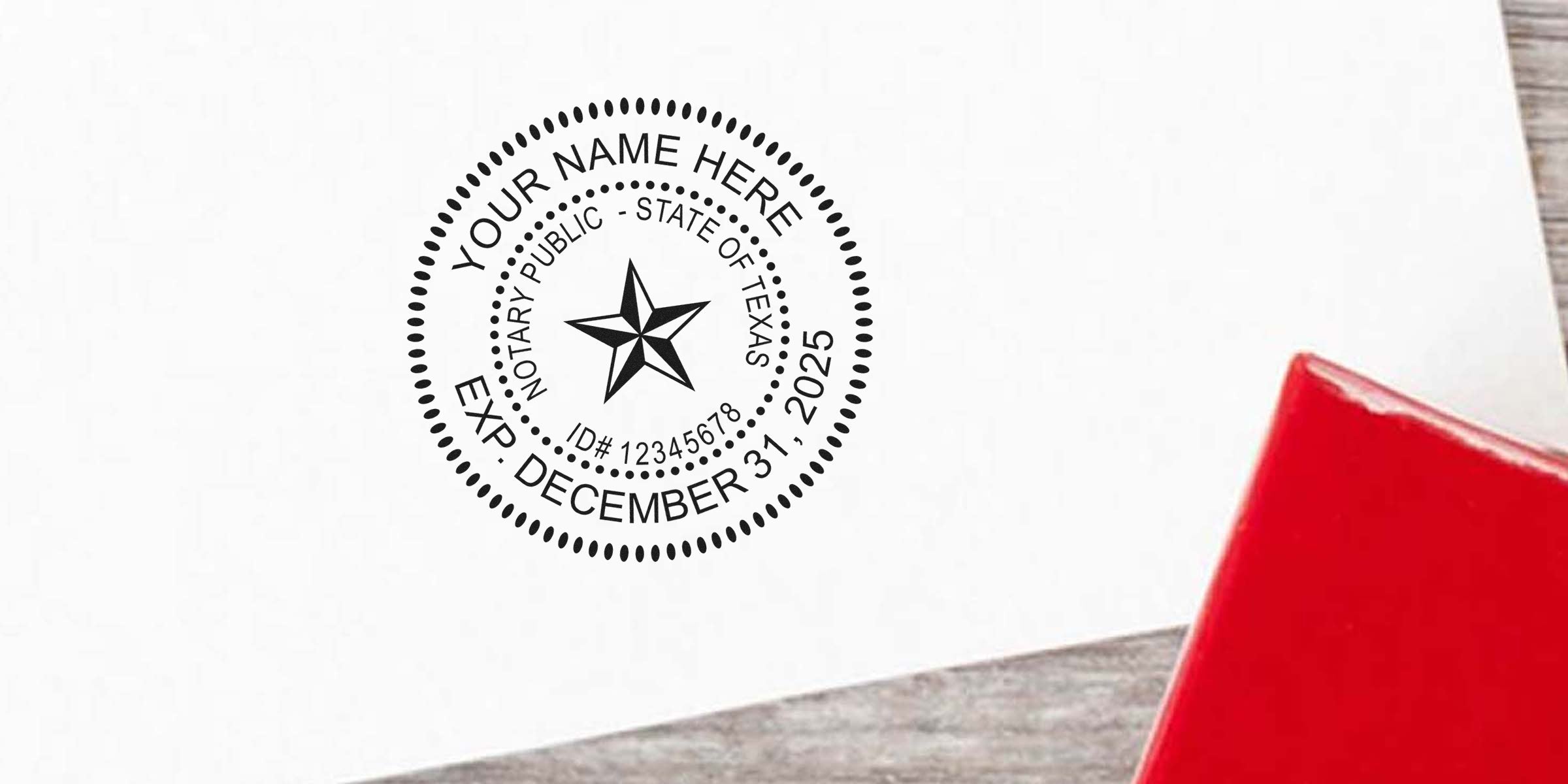 Texas notary public stamp on white paper with expiration date and ID number, essential notary supplies and tools for Texas.