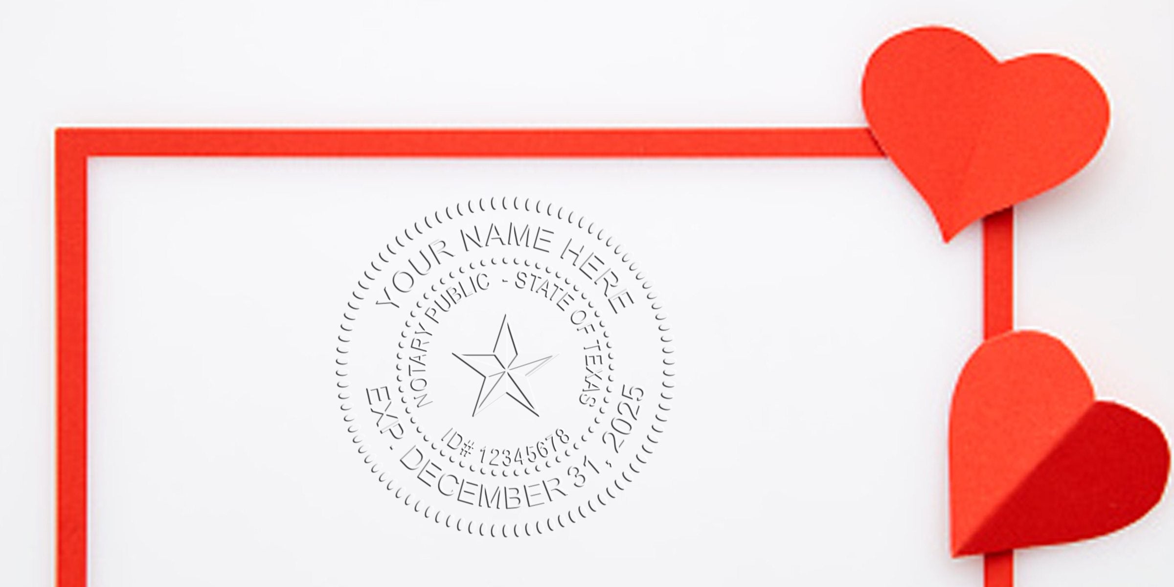 Texas notary seal on white paper with red heart decorations, showcasing Texas notary supplies and tips for buying notary public items for legal documents.