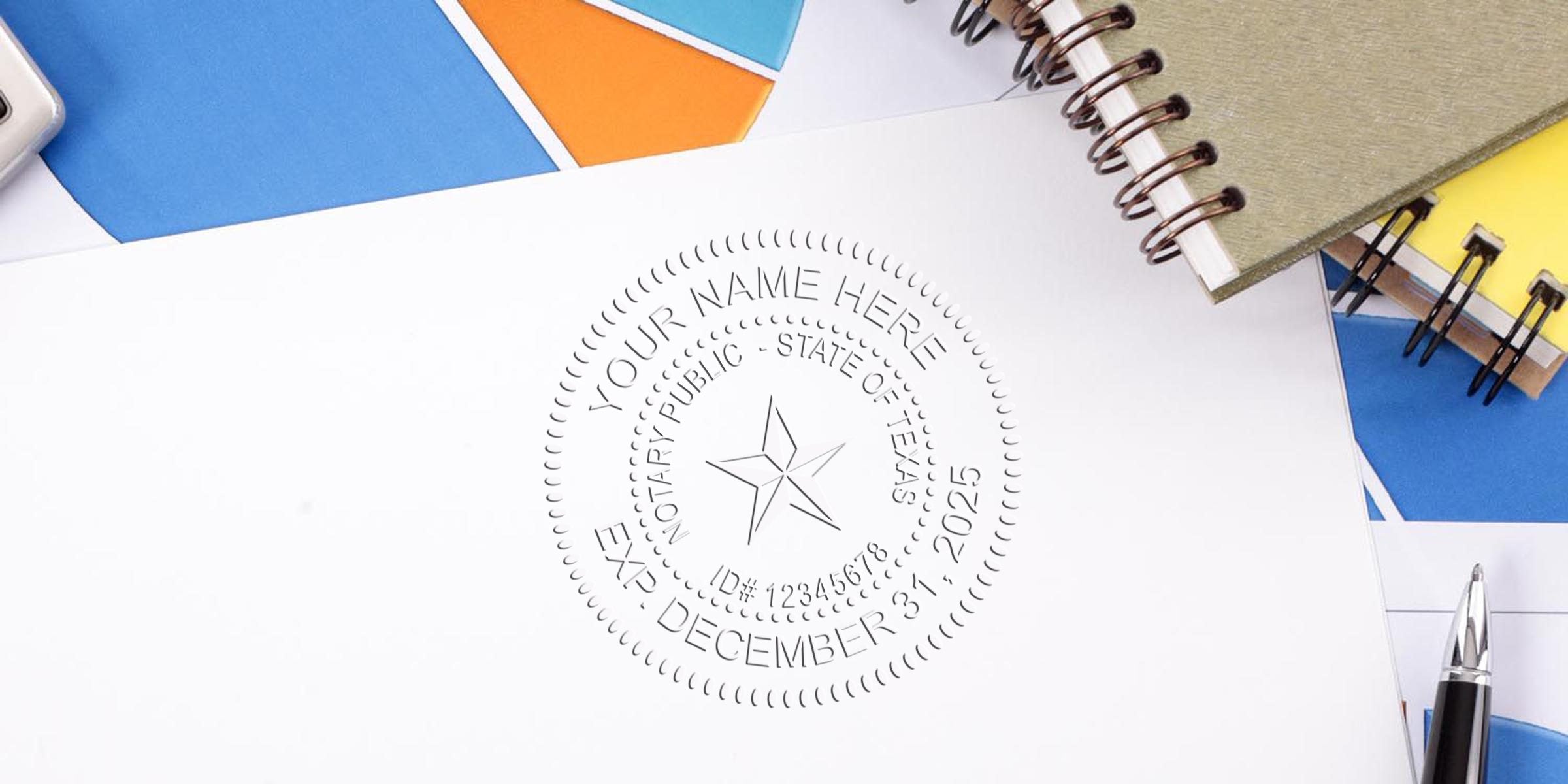 Texas notary seal stamp on white paper, surrounded by professional notary tools and a pen.