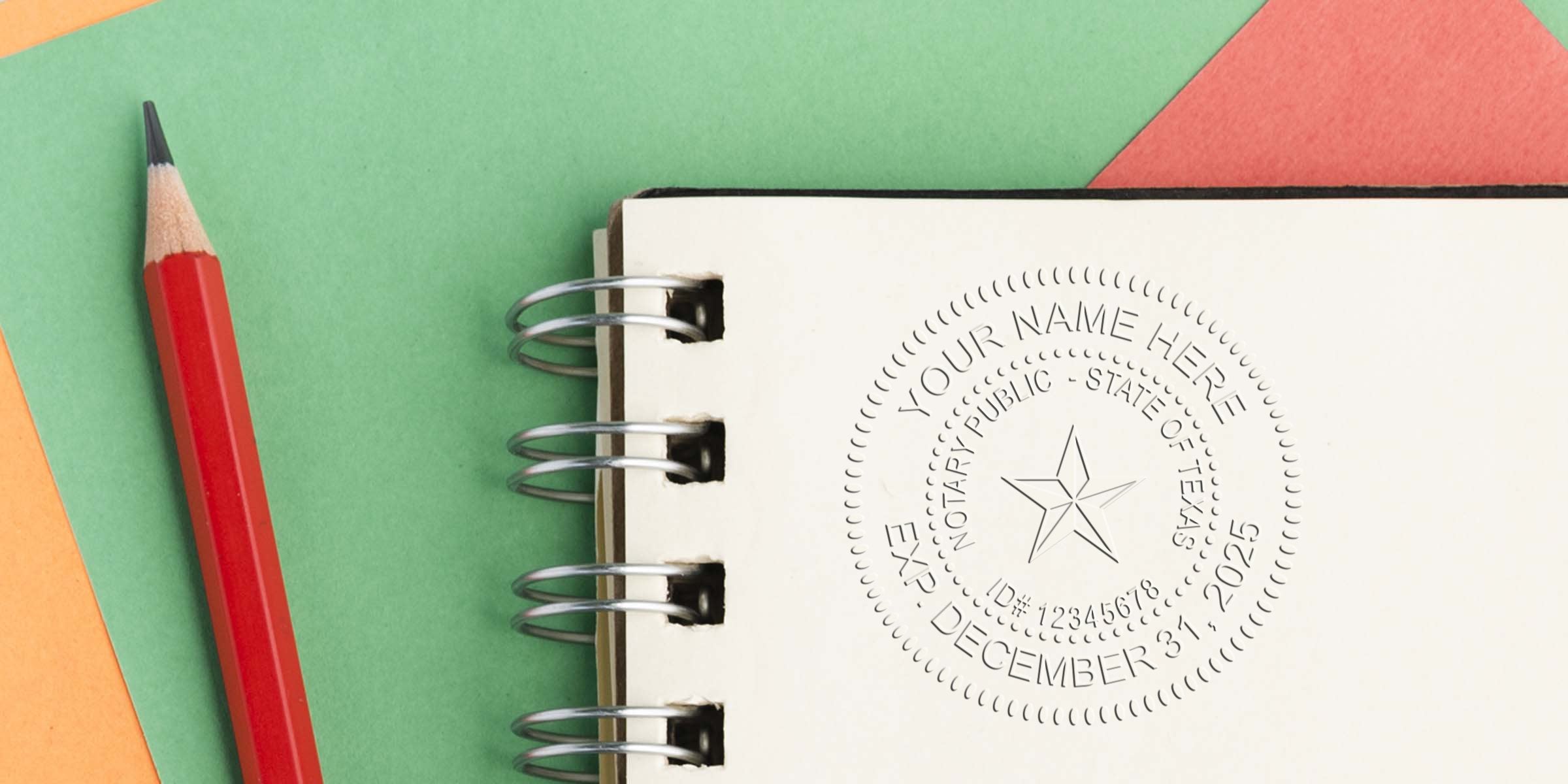 Red pencil next to spiral notebook with Texas notary stamp, embossed seal, and expiration date Dec 31, 2025, on colorful background, emphasizing online notary purchase.