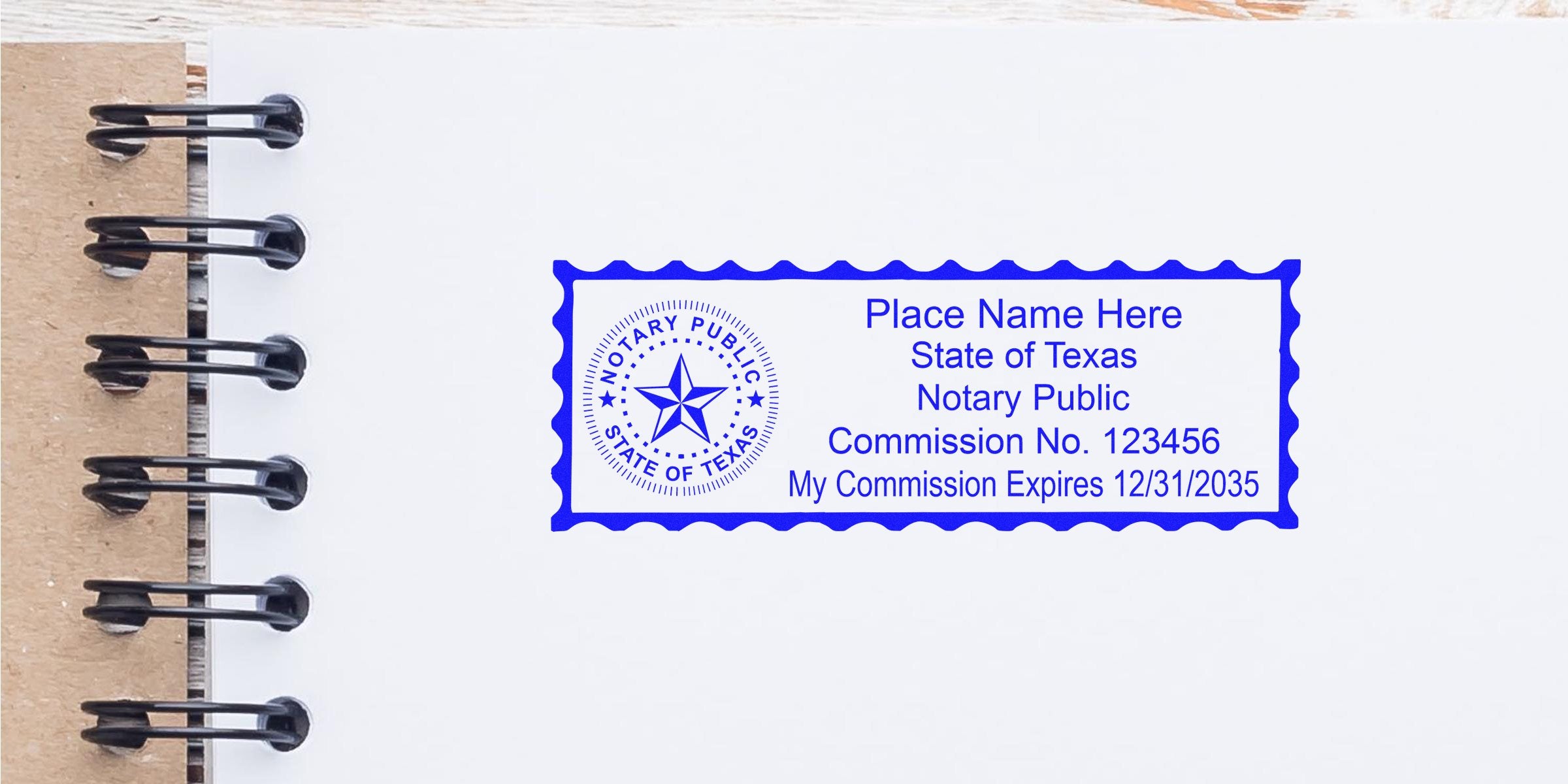 Texas notary public seal on white notebook page, showing commission number and expiration date, highlighting trusted notary seal options.