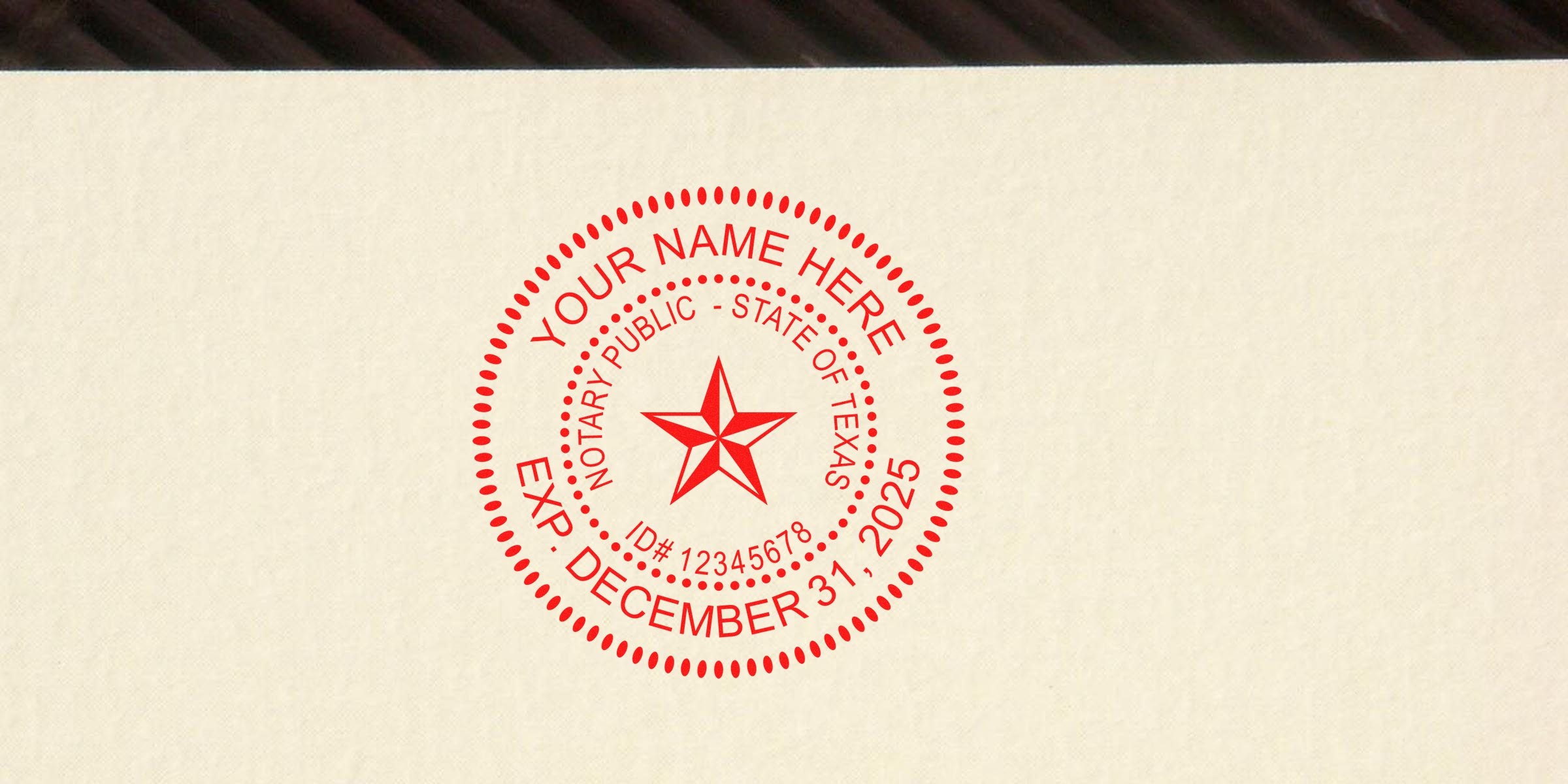 Texas notary stamp displaying features, including expiration date 12/31/2025 and ID number on official document.