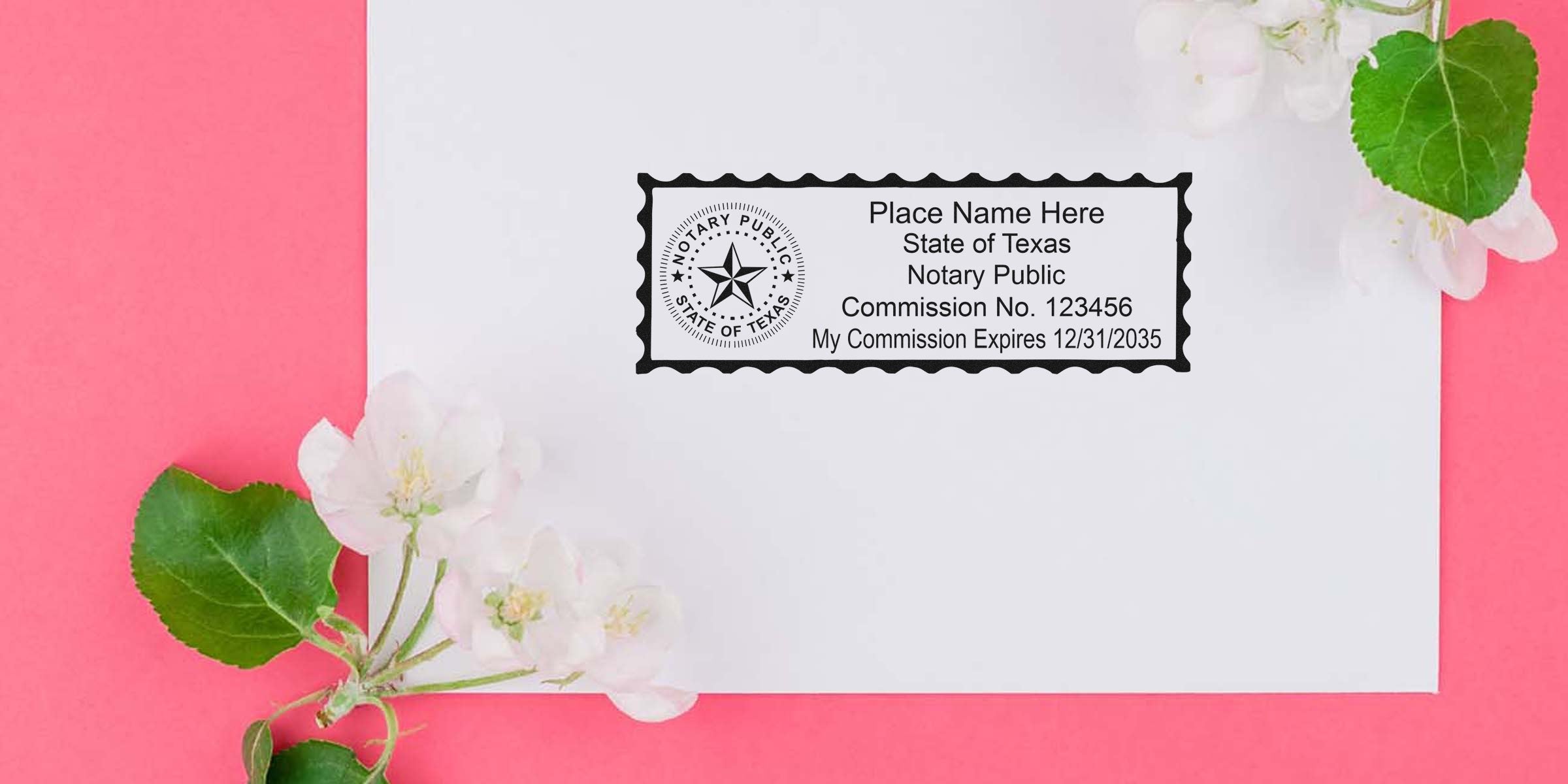 Texas notary public stamp on white envelope with pink background and white flowers, showcasing Texas notary stamp rules and purchase options.