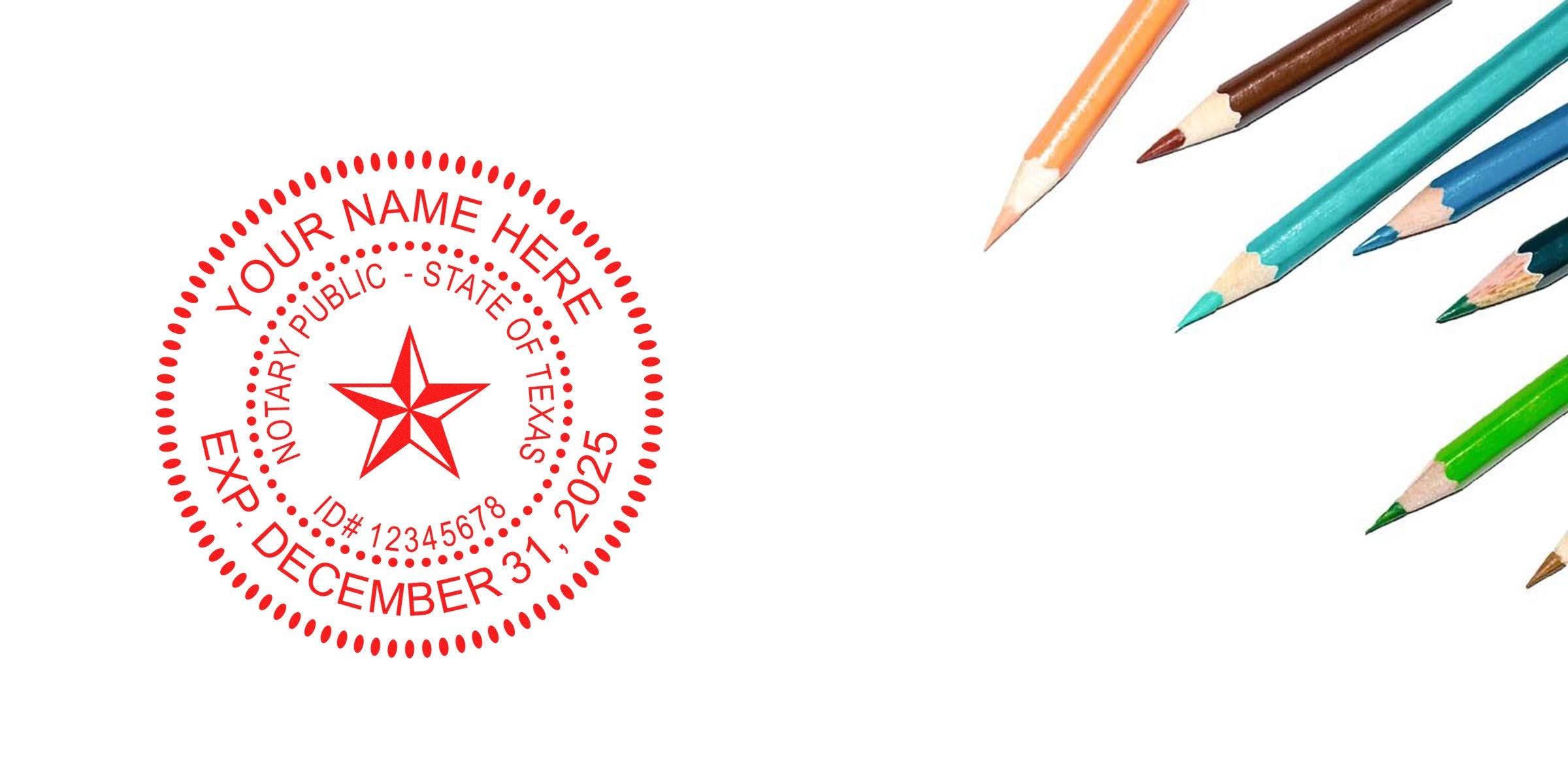 Red Texas notary stamp with colored pencils on white background, showing Texas notary seal expiration and renewal certification tools.